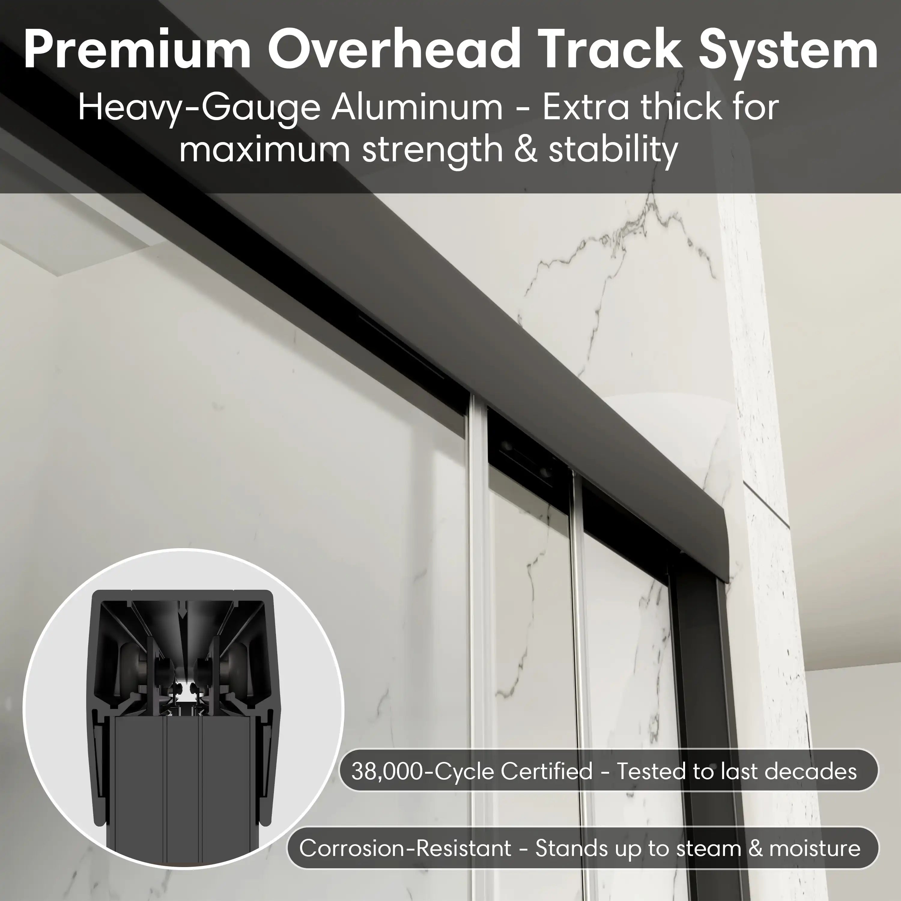 Premium overhead aluminum track system on 54 x 70 framed shower door with black shower frame, ensuring durability and stability. | Ace Decor