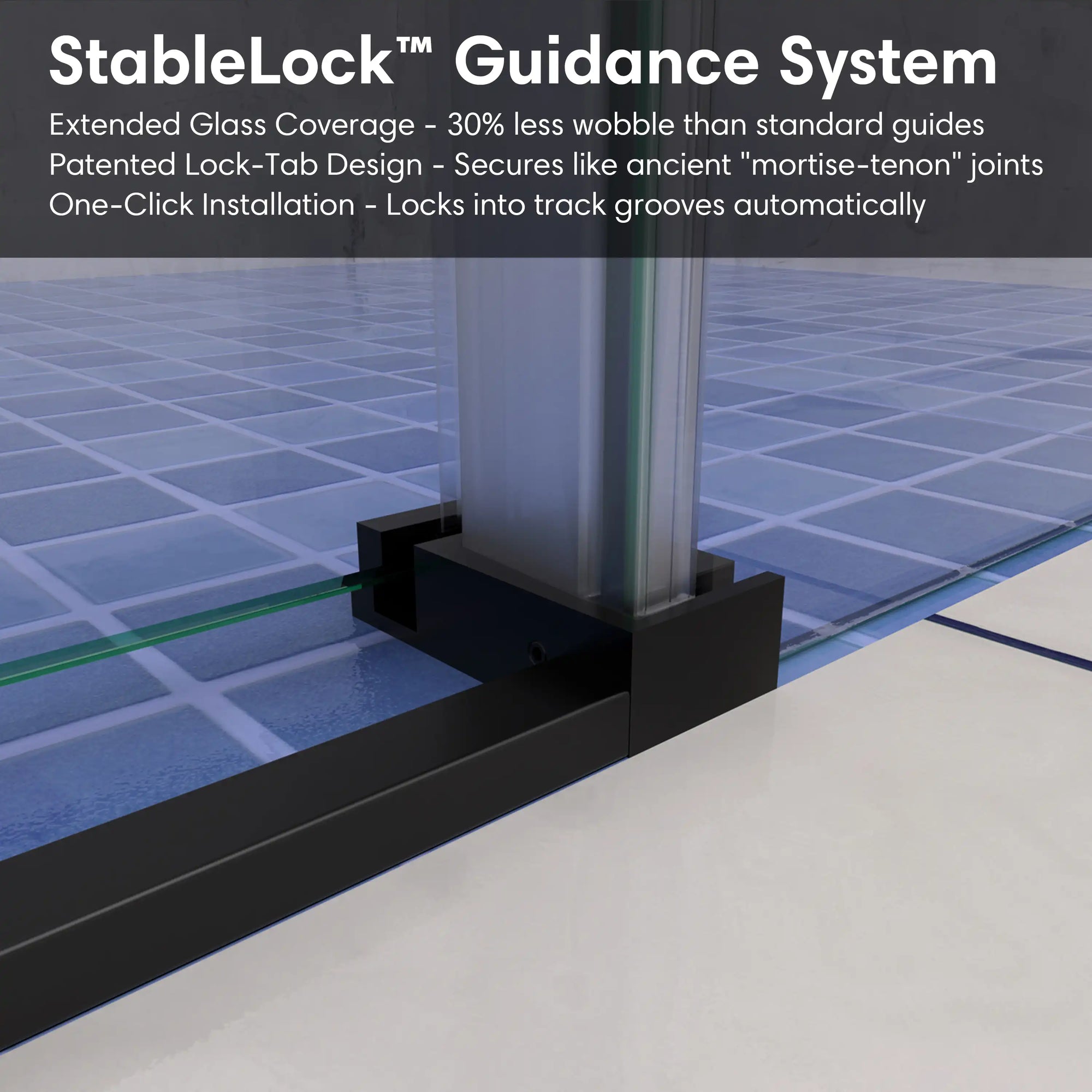StableLock guidance system at the base of black frameless sliding shower door, size 60 x 74, ensuring secure and smooth operation | Ace Decor