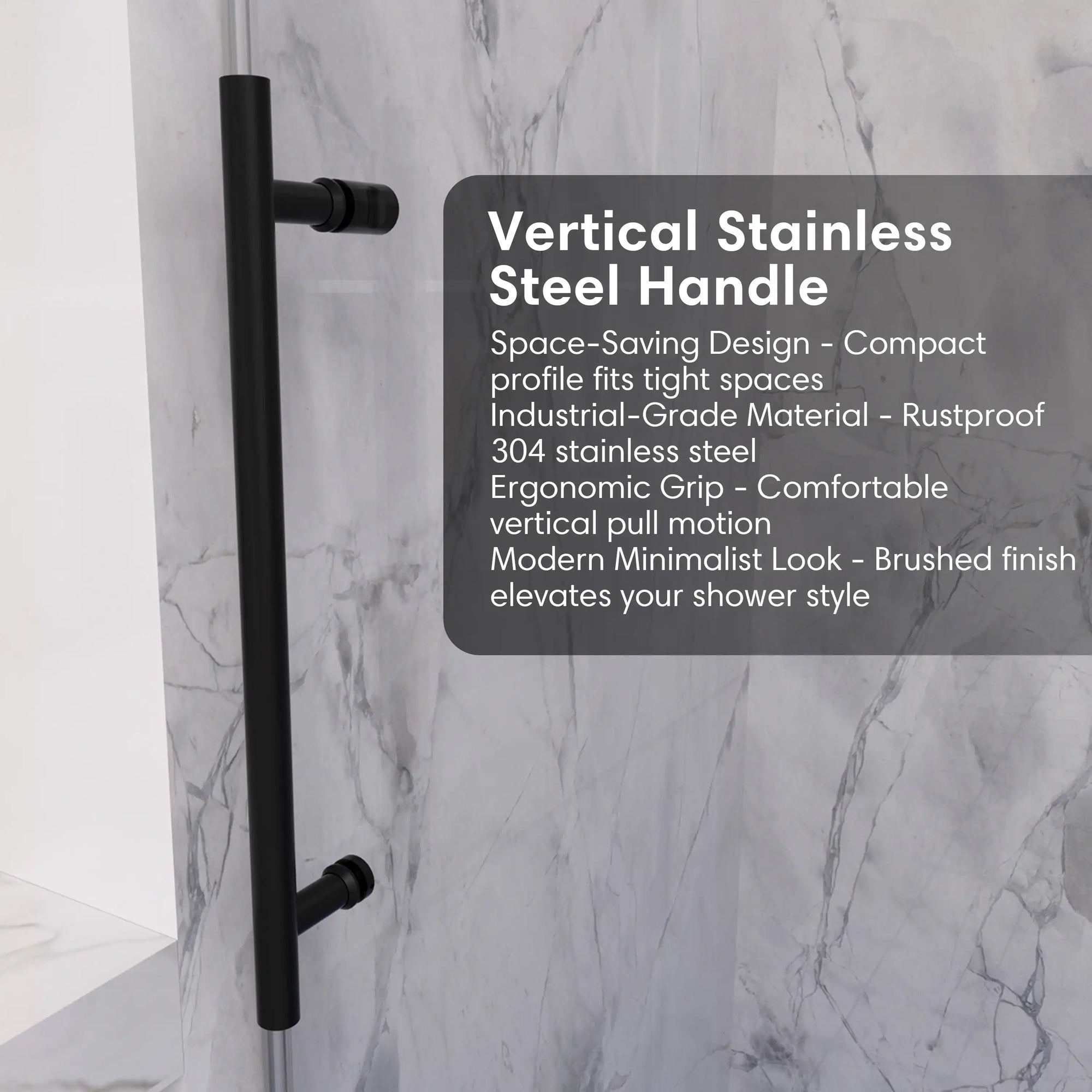 Vertical stainless steel handle on black frameless sliding shower door, size 60 x 74 | Ace Decor