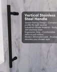 Vertical stainless steel handle on black frameless sliding shower door, size 60 x 74 | Ace Decor