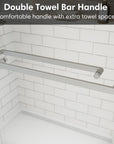 Brushed nickel double towel bar handle providing extra towel space on frameless sliding shower door | Ace Decor