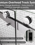 Premium overhead track system for the ACE Decor Aurevo-X Series semi-frameless sliding shower door, featuring heavy-gauge aluminum construction and exposed rollers.