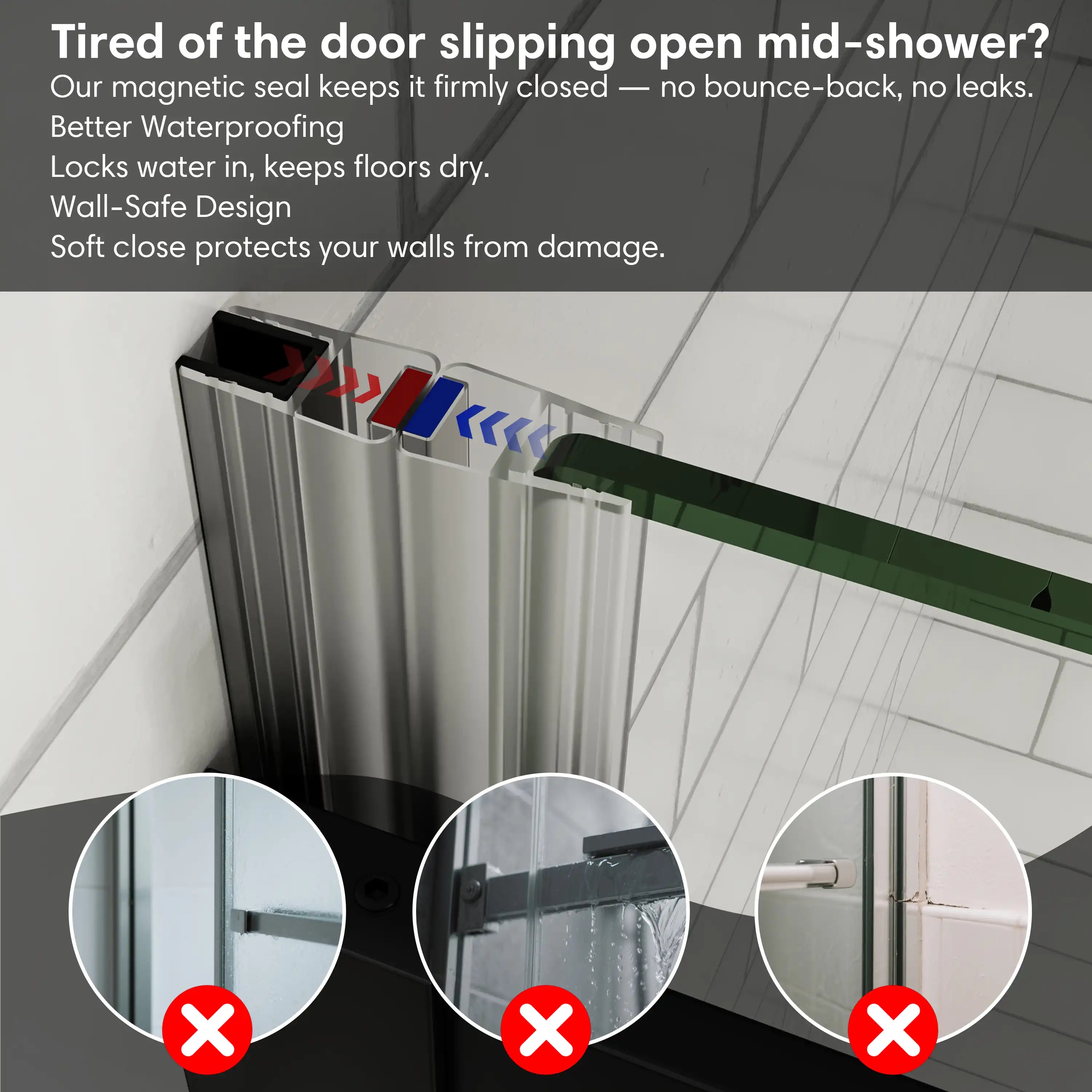 Magnetic seal system for shower door sliding frameless, 60 x 74 inches, ensuring secure closure, no leaks, and wall-safe design | Ace Decor