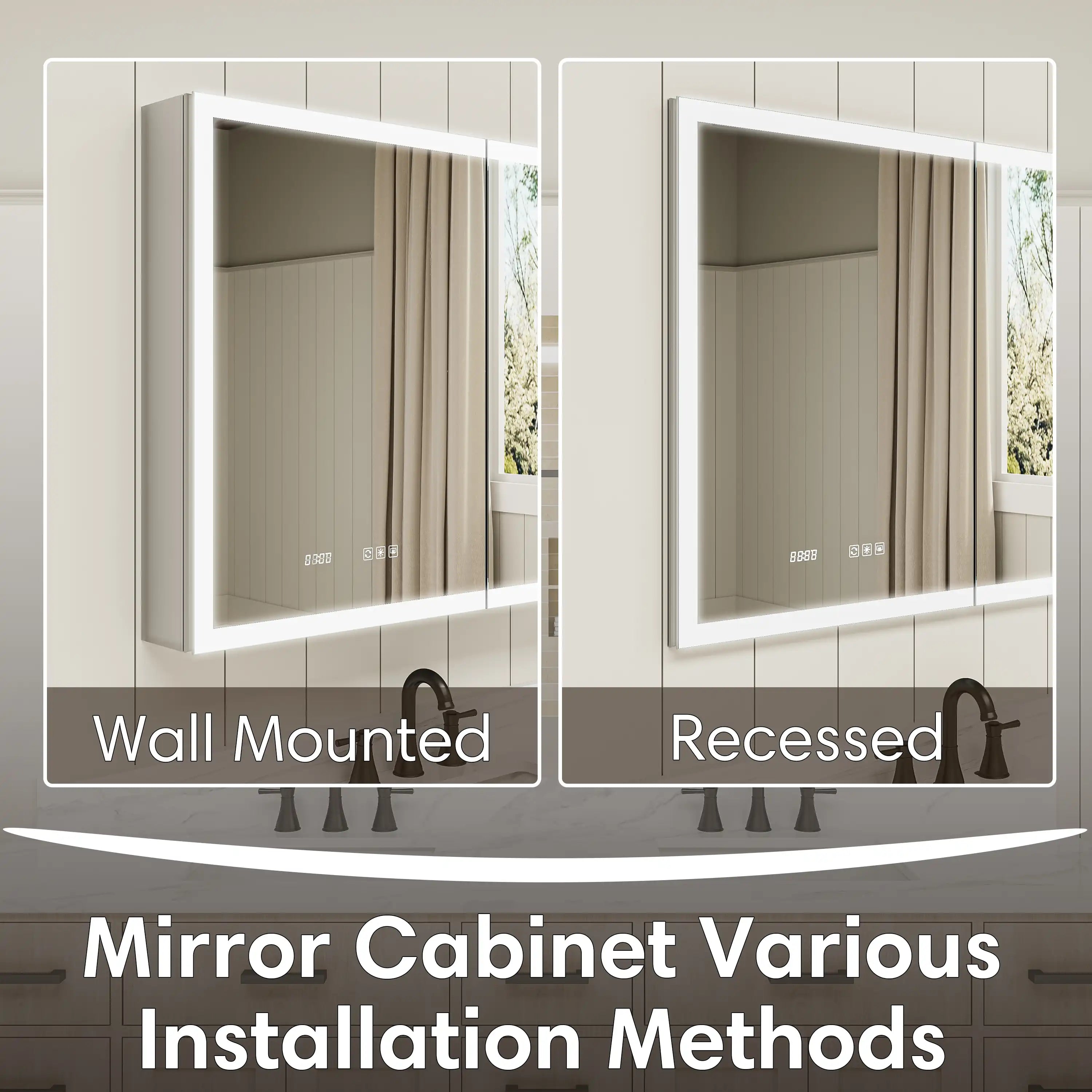 Double door LED medicine cabinet with mirror, shown in wall mounted and recessed installation methods.