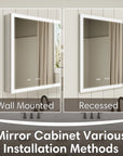 Double door LED medicine cabinet with mirror, shown in wall mounted and recessed installation methods.
