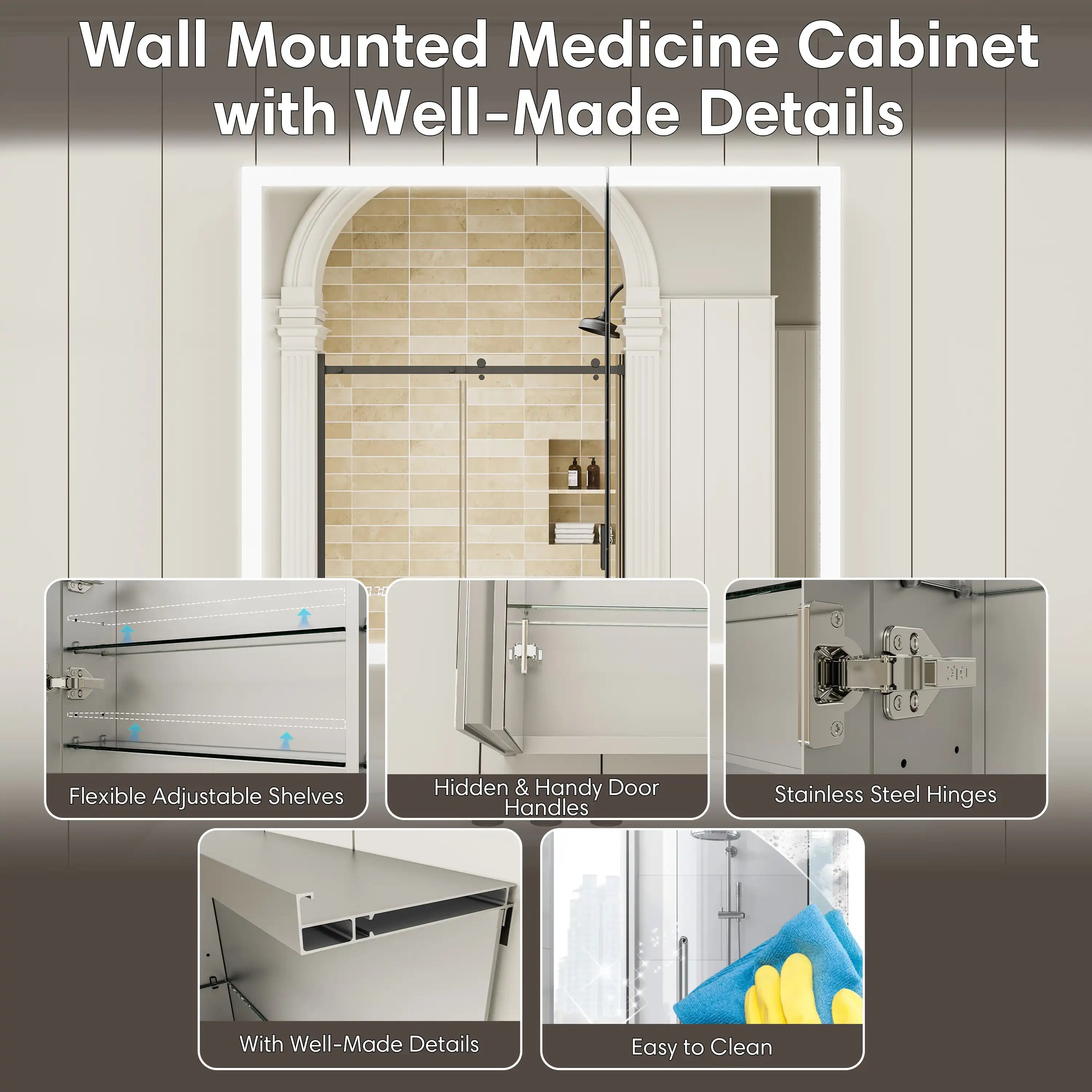 Double door medicine cabinet details: adjustable shelves, hidden handles, stainless steel hinges, and easy cleaning design.