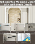 Double door medicine cabinet details: adjustable shelves, hidden handles, stainless steel hinges, and easy cleaning design.