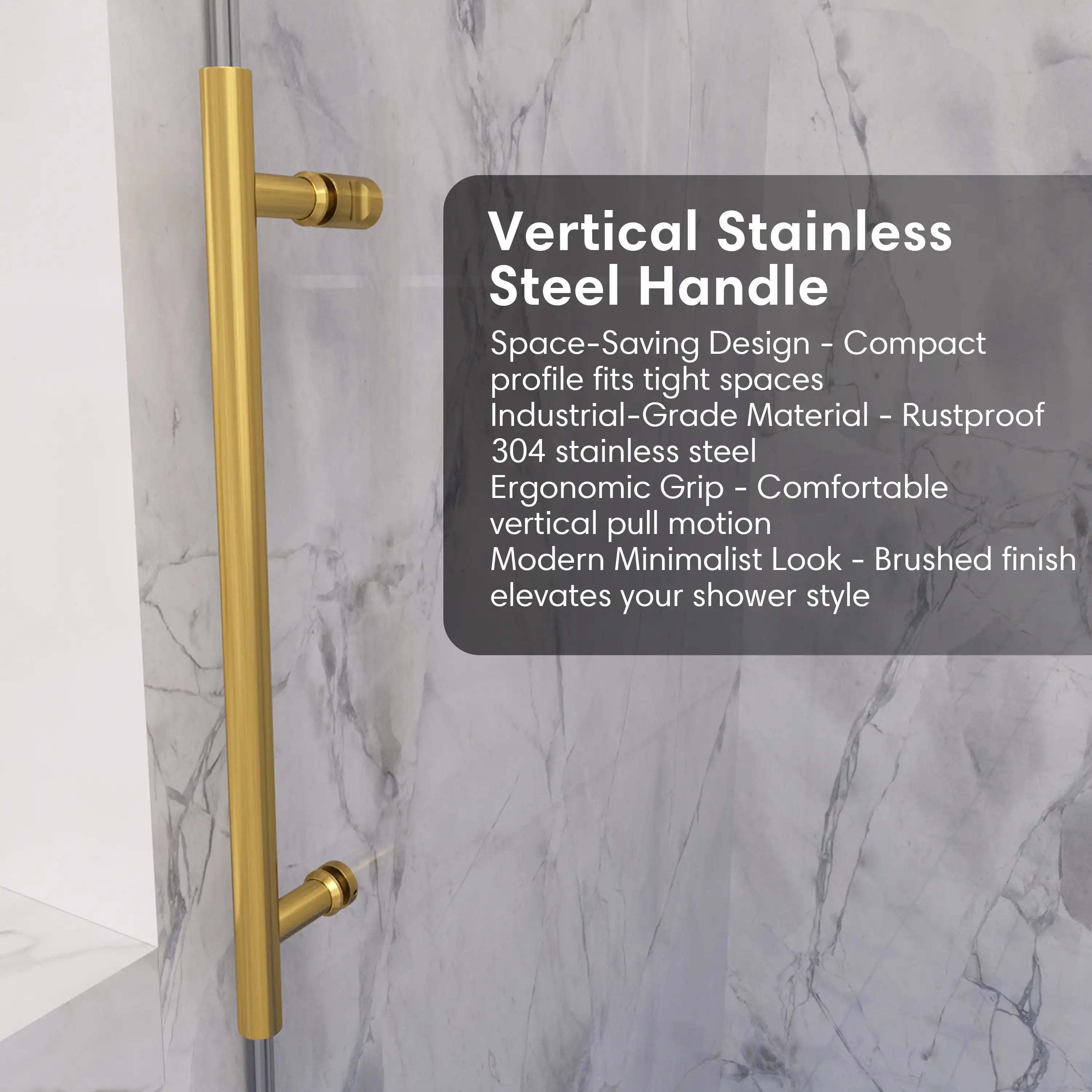 Vertical stainless steel handle on gold frameless shower door, size 60 x 74 | Ace Decor