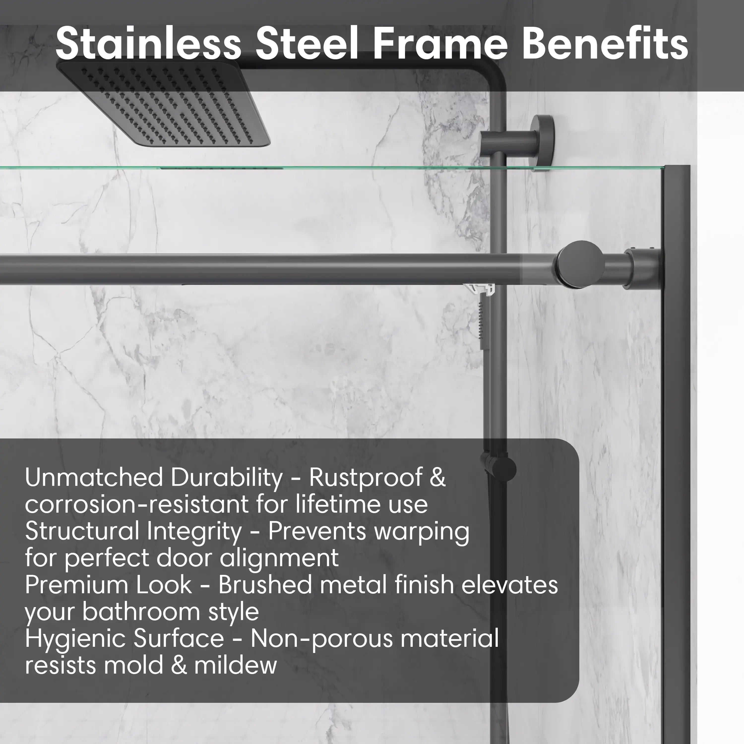 Stainless steel top frame benefits of black frameless sliding shower door, size 60 x 74 | Ace Decor