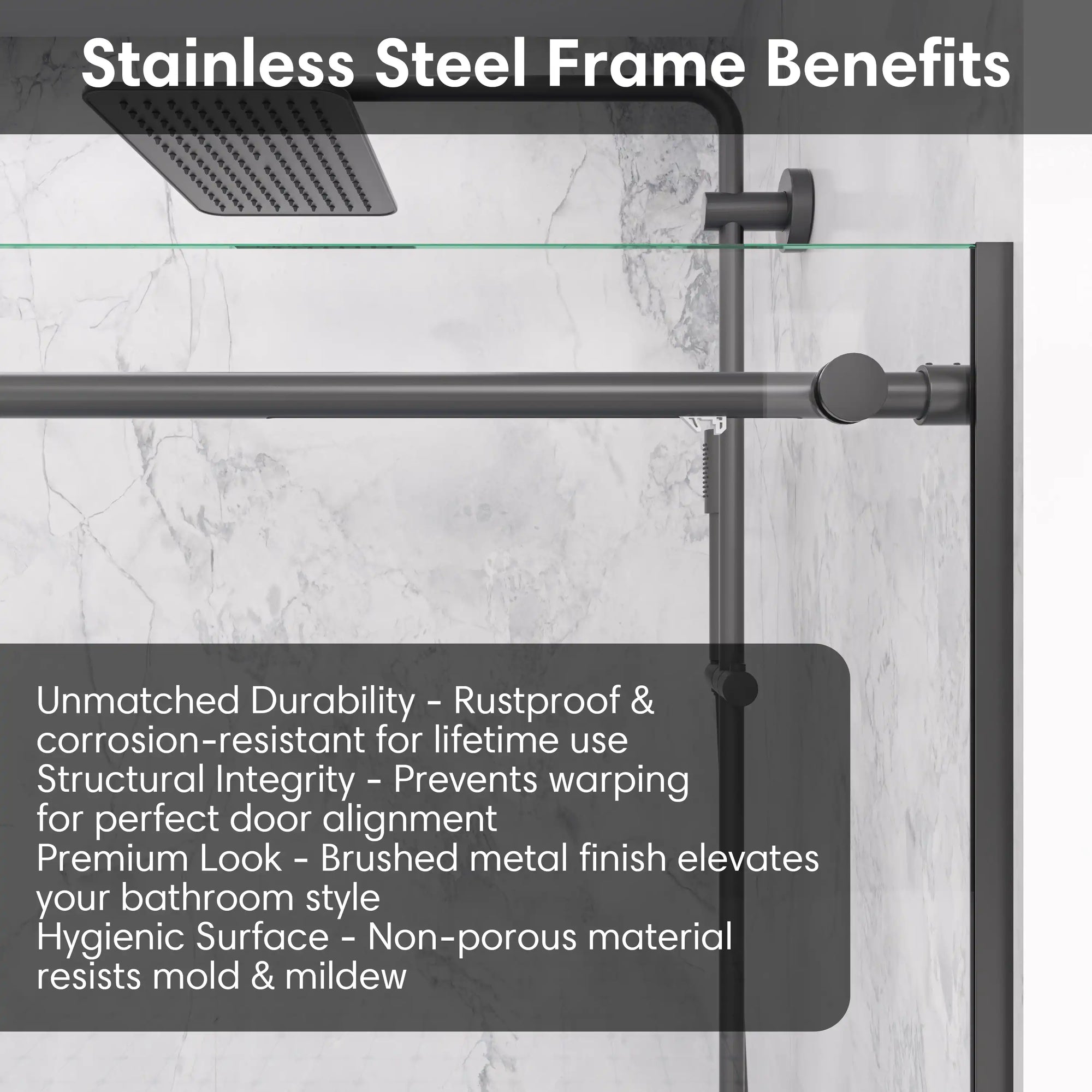 Stainless steel top frame benefits of black frameless sliding shower door, size 60 x 74 | Ace Decor