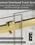 Premium overhead track system with anti-jump feature on frameless shower door, heavy-gauge aluminum for durability.