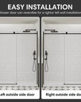 Easy-installation 60 x 74 black frameless shower door shown in reversible left- or right-opening configurations | Ace Decor