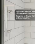 Ergonomic vertical handle of pivot shower door provides a comfortable natural grip and modern style | Ace Decor