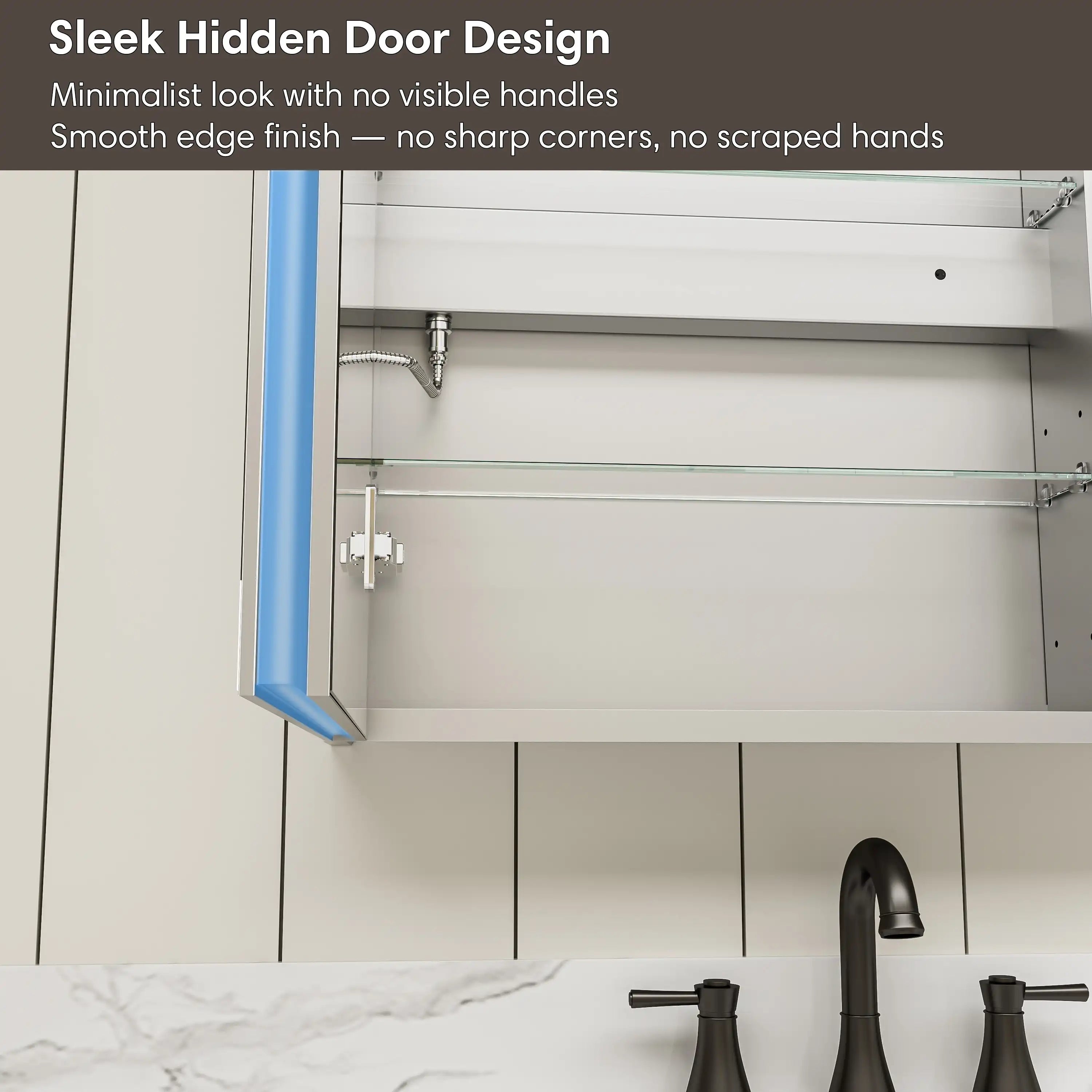 LED lighted medicine cabinet with sleek hidden door design.