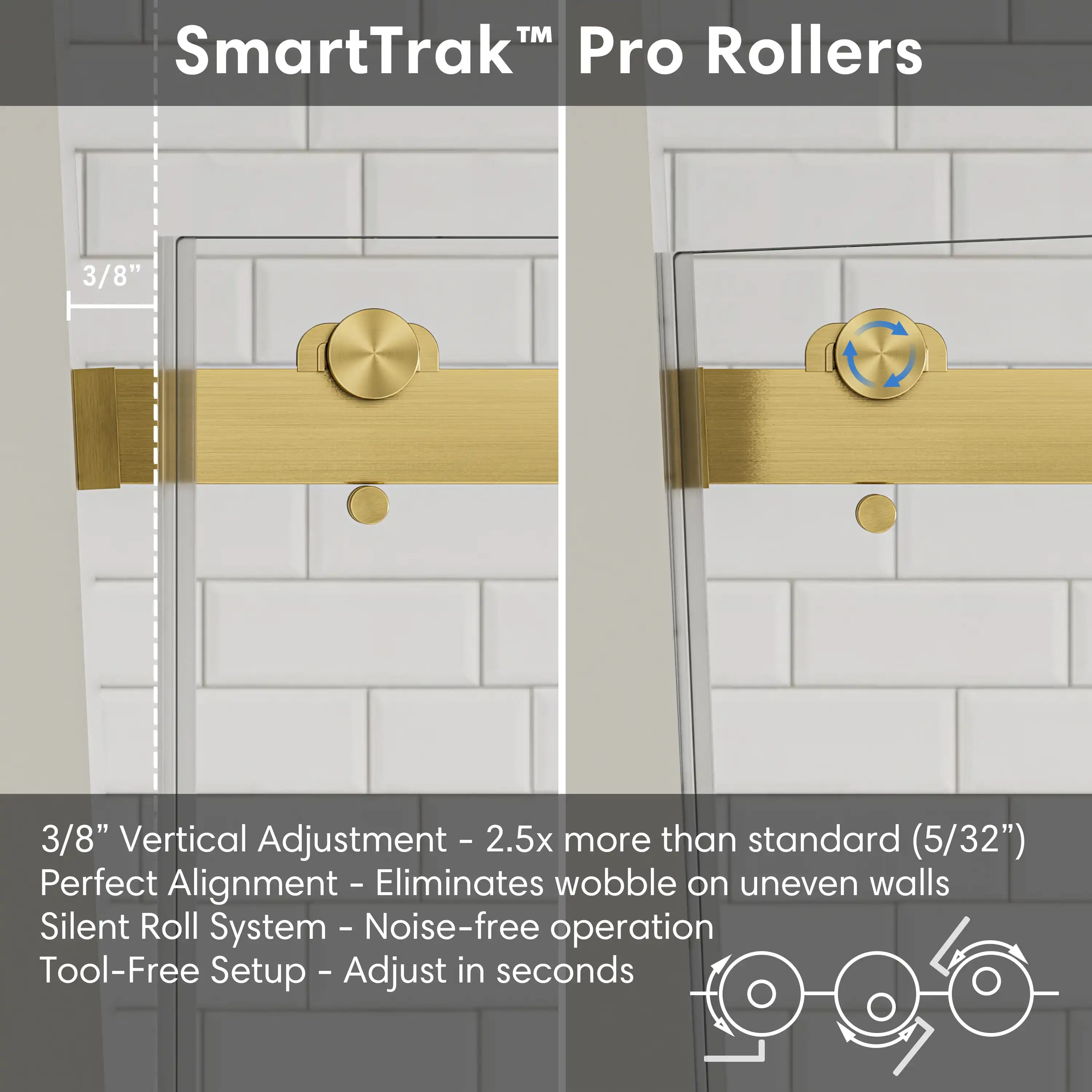 Brushed gold shower door frameless 48 x 74 with SmartTrak Pro Rollers for vertical adjustment and smooth alignment | Ace Decor