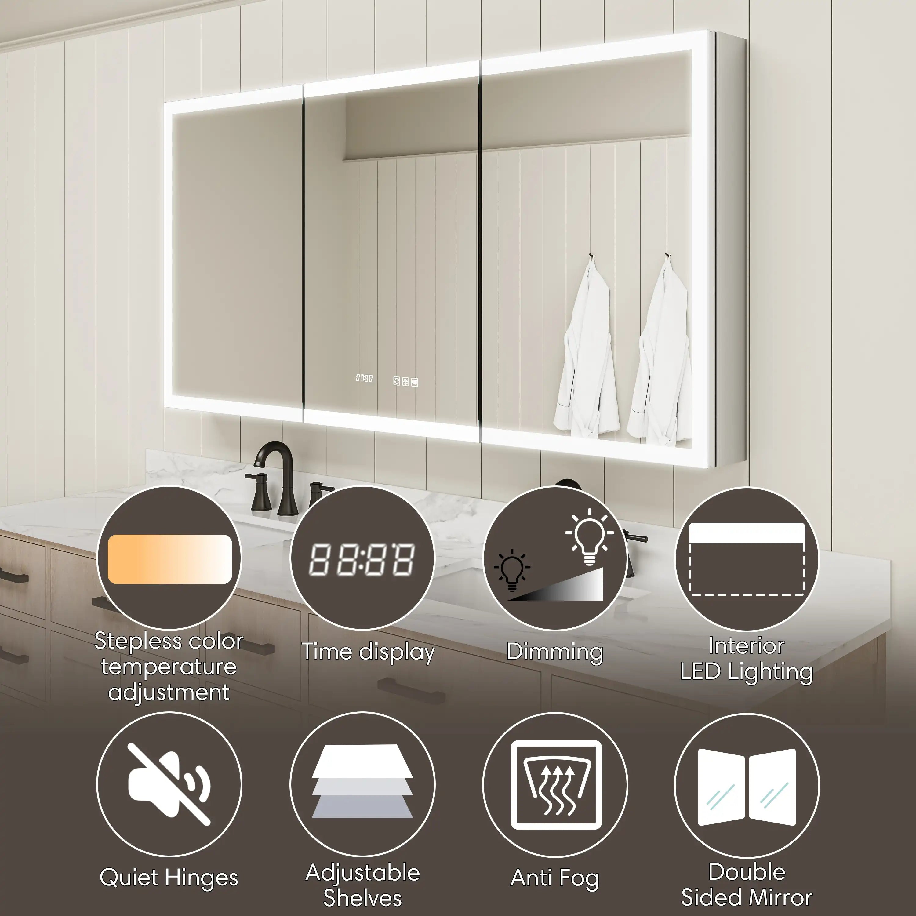 Triple-door medicine cabinet features with dimming, anti-fog, LED lighting, and more