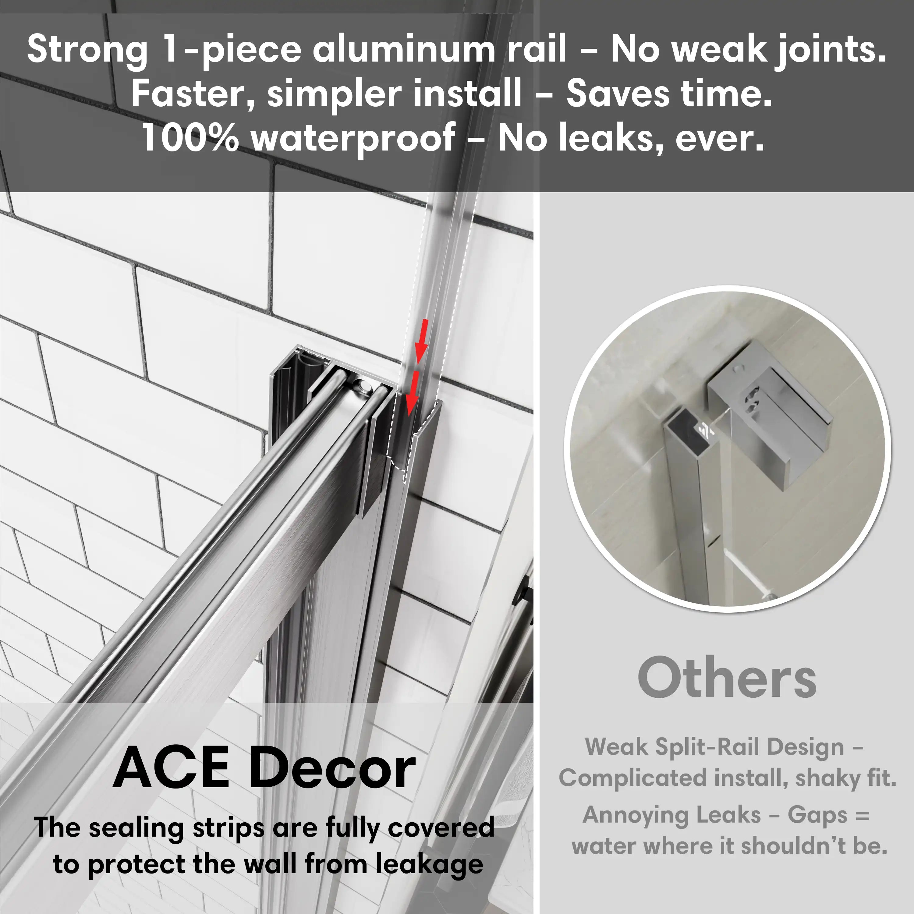 Seamless aluminum rail design for sliding shower doors brushed nickel, frameless style, size 60 x 74, with waterproof sealing strips to prevent leaks | Ace Decor