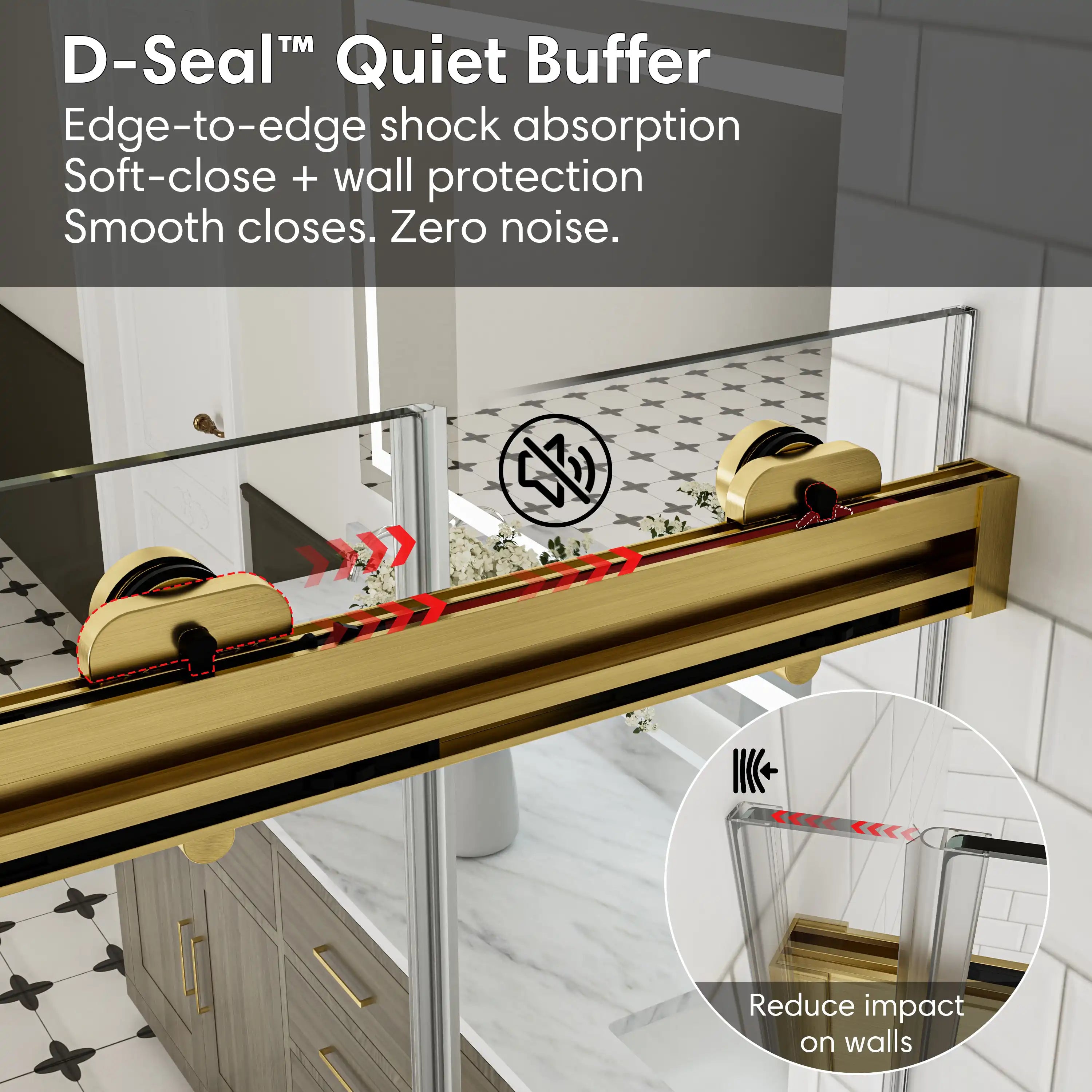 Brushed gold shower door frameless 48 x 74 with D-Seal quiet buffer for shock absorption and soft-close wall protection | Ace Decor