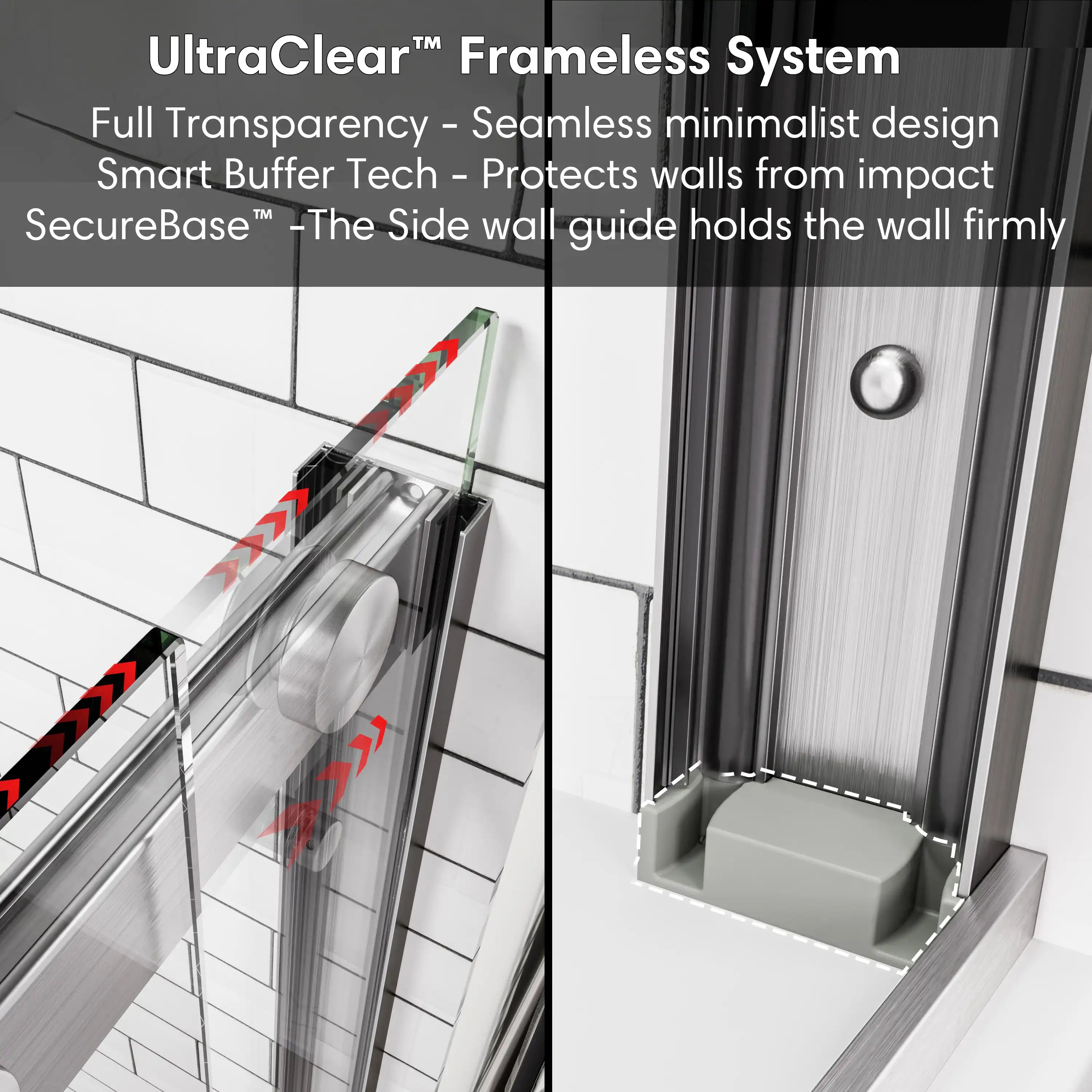 D-seal buffer design for sliding shower doors brushed nickel, frameless style, size 60 x 74, ensuring wall protection and firm side guide | Ace Decor