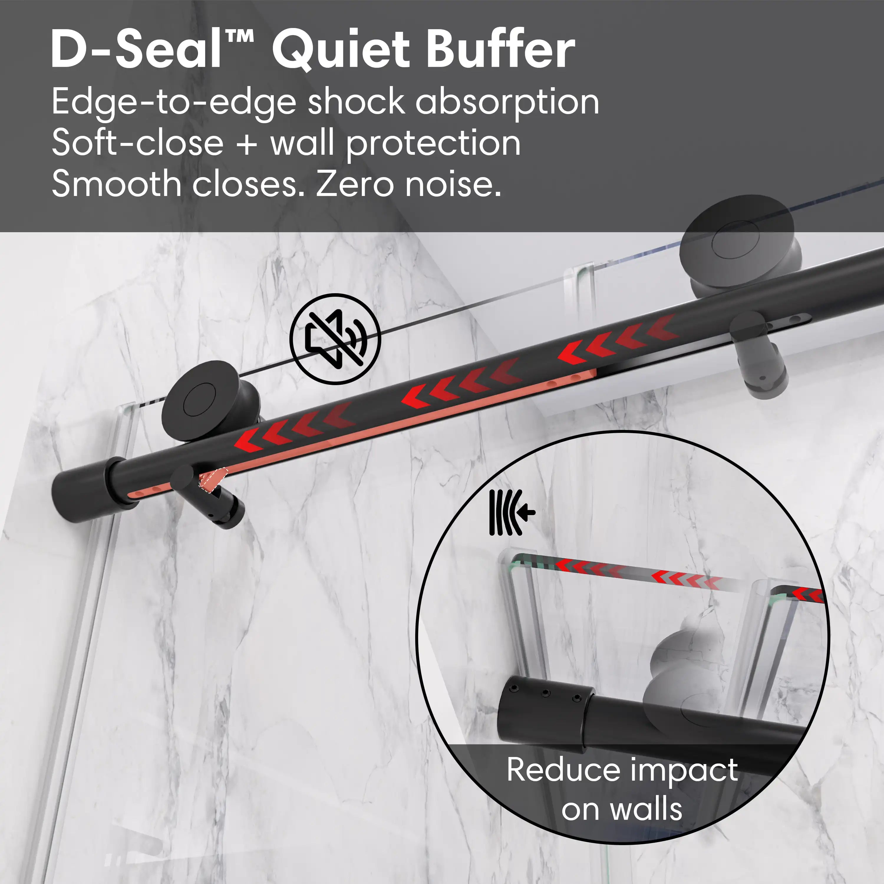 D-Seal quiet buffer for black frameless sliding shower door, size 60 x 74, providing edge-to-edge shock absorption and noise-free closing | Ace Decor