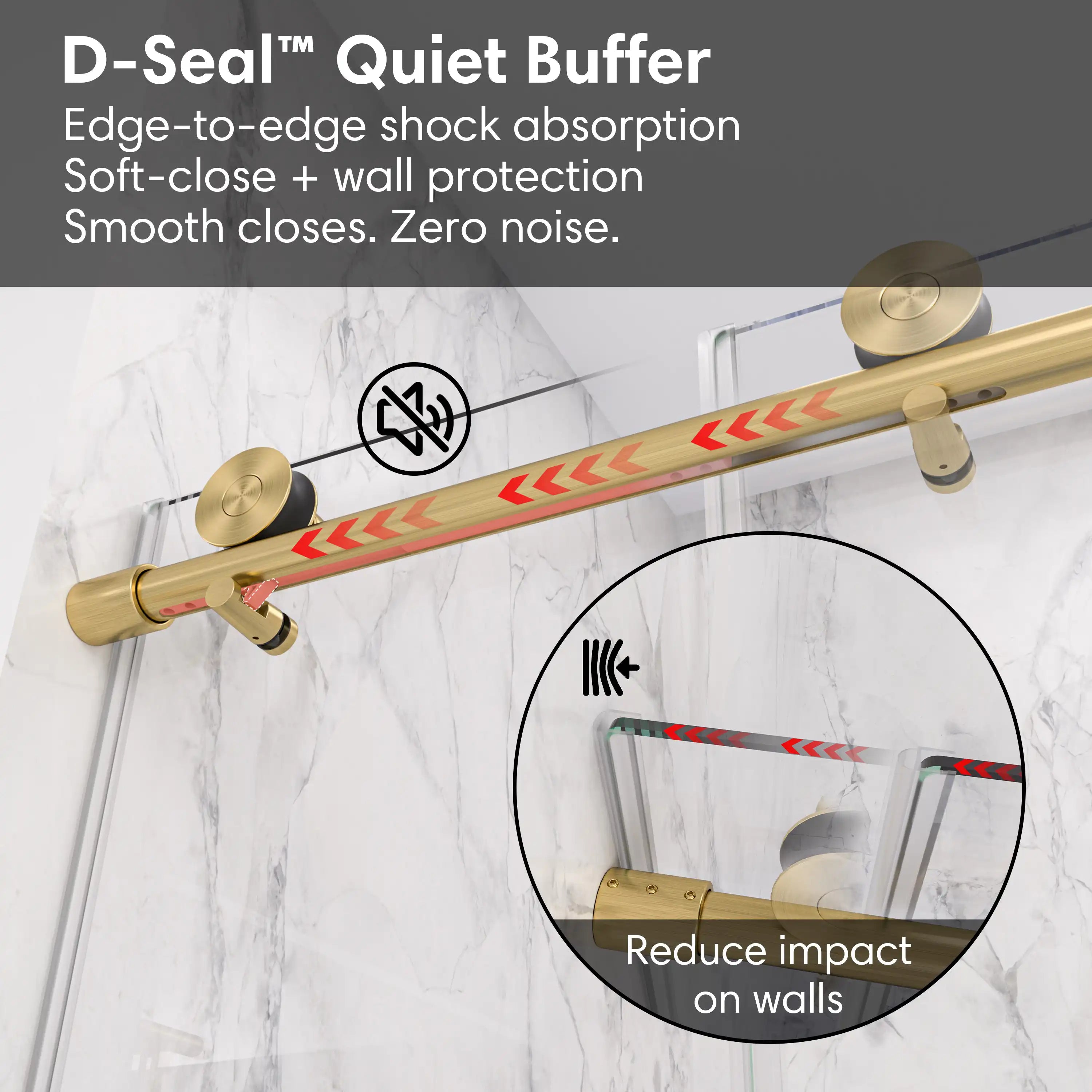 D-Seal quiet buffer for gold frameless shower door, size 60 x 74, providing edge-to-edge shock absorption and noise-free closing | Ace Decor
