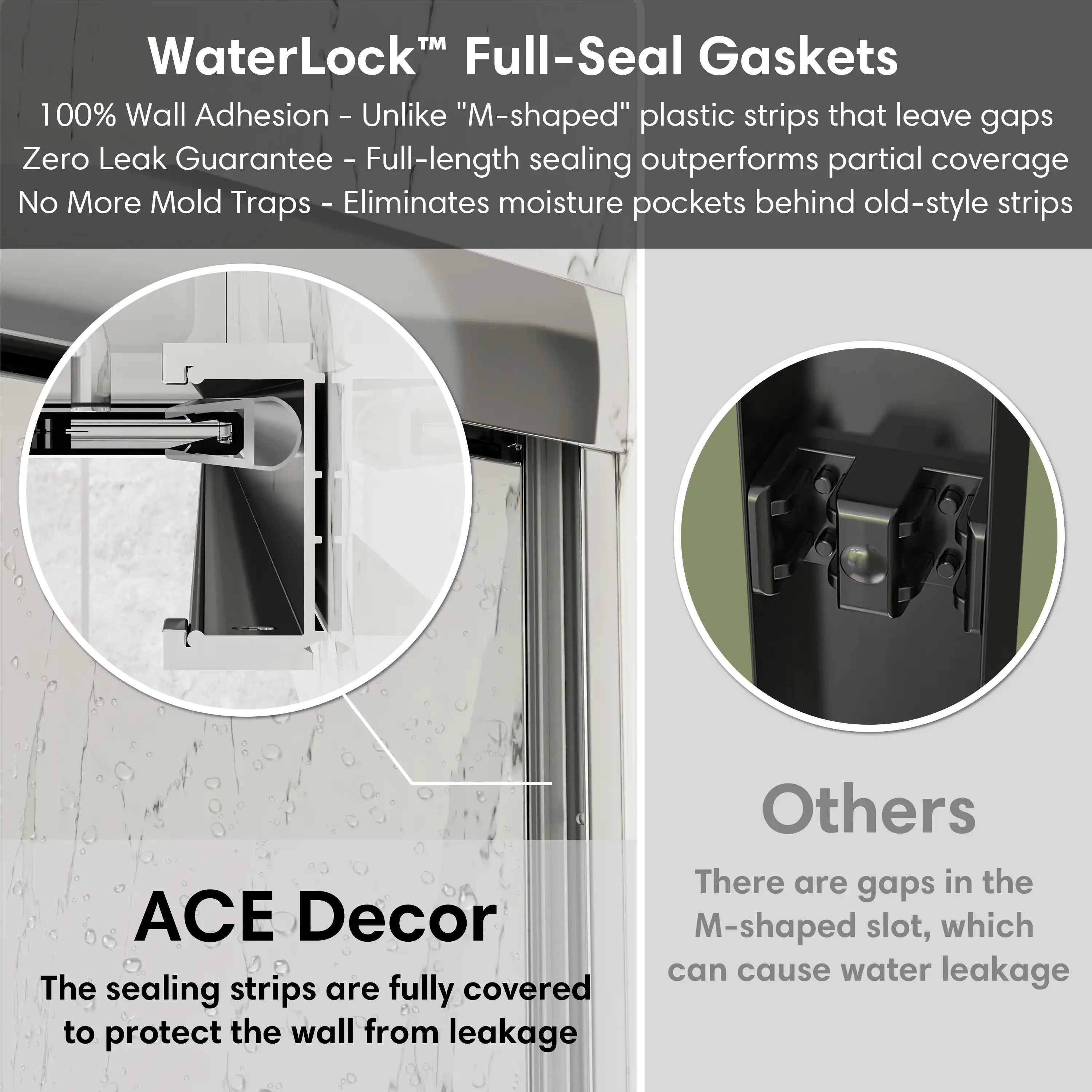 WaterLock full-seal D-shaped gaskets on 54 x 70 framed bypass shower door, preventing leaks and offering full wall protection. | Ace Decor
