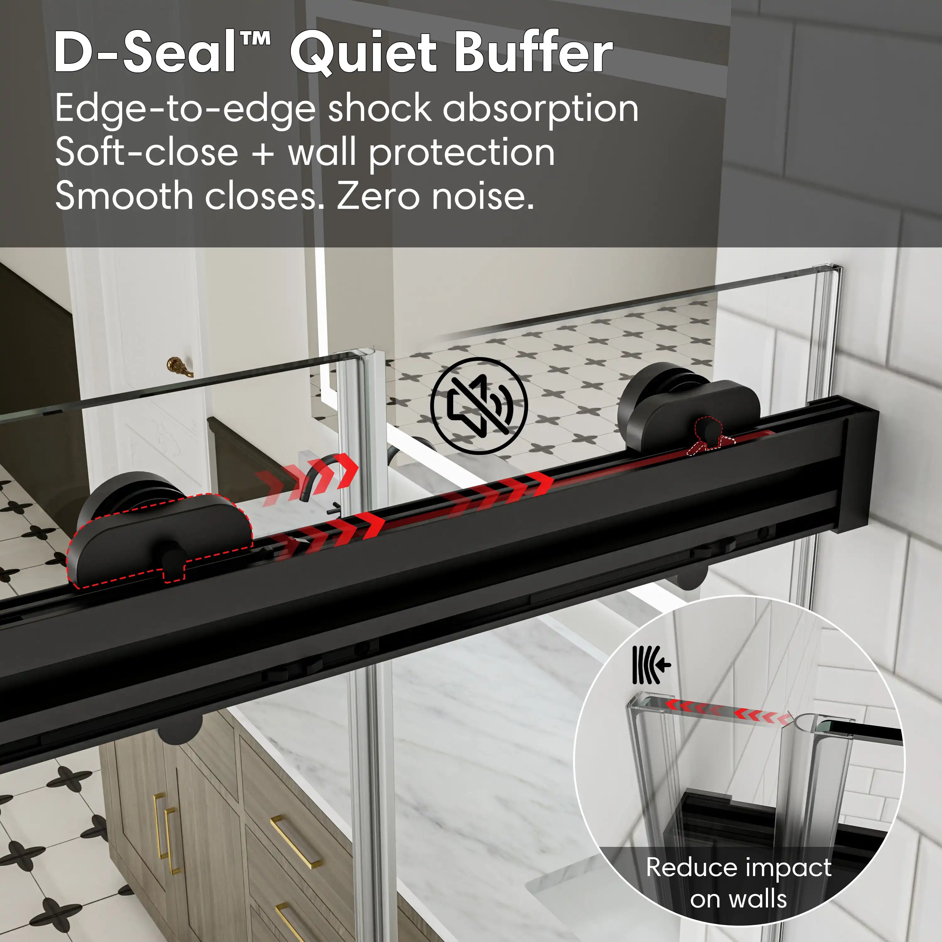 D-Seal quiet buffer for matte black sliding shower door, frameless 48 x 74 | Ace Decor