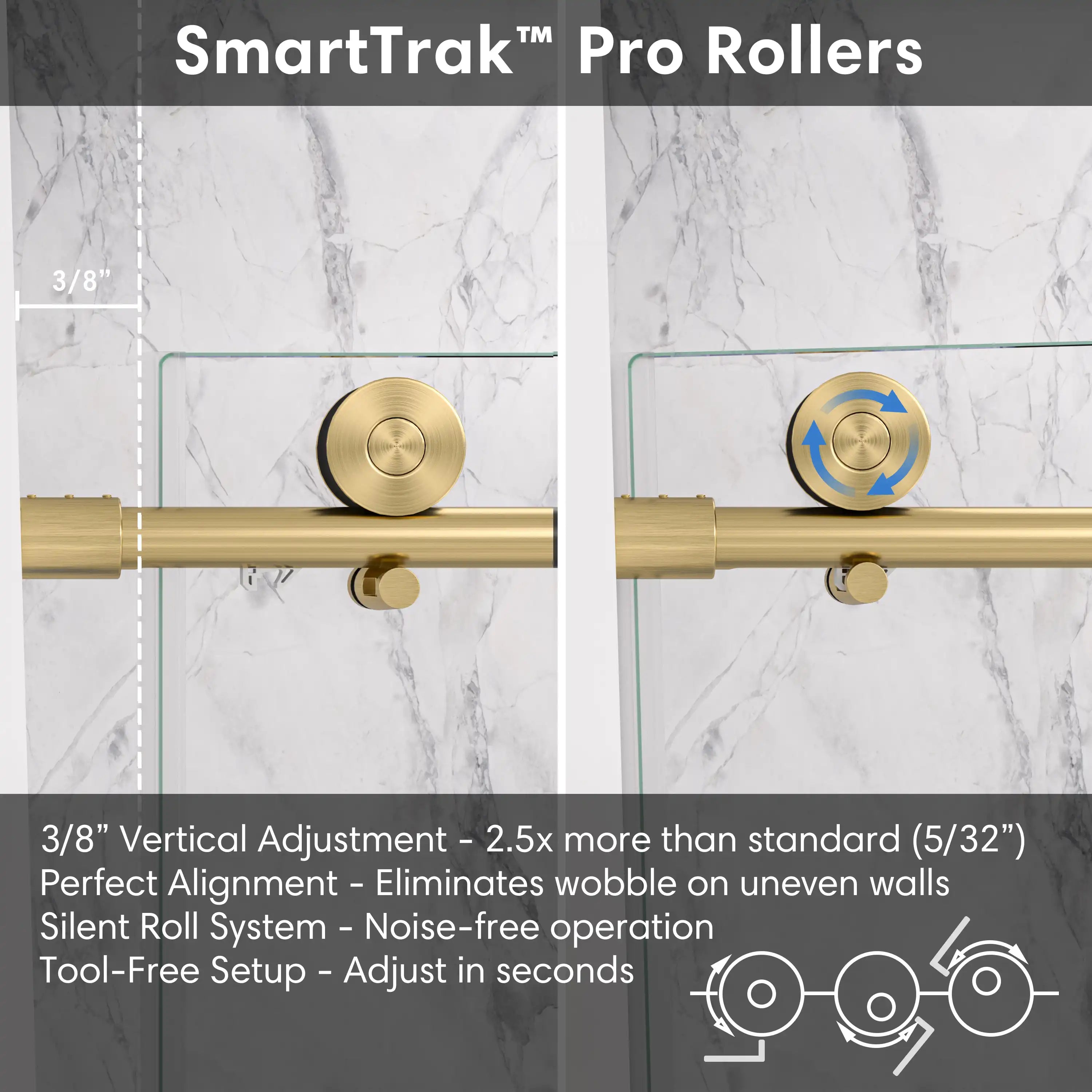 SmartTrak pro rollers with vertical adjustment for gold frameless shower door, size 60 x 74 | Ace Decor