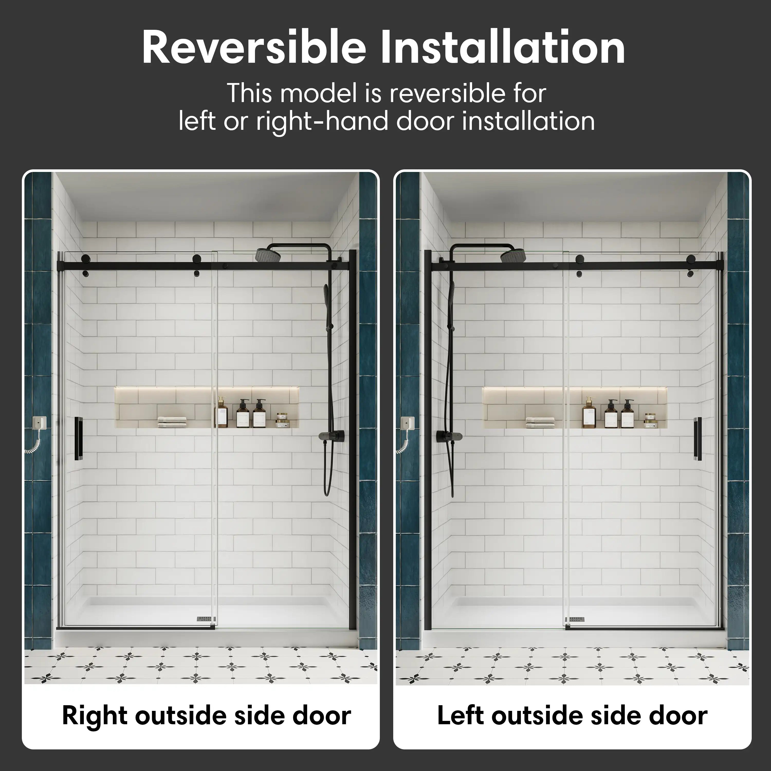 Frameless sliding shower screen, 48 x 74 inches, reversible installation for left or right-hand door configuration | Ace Decor