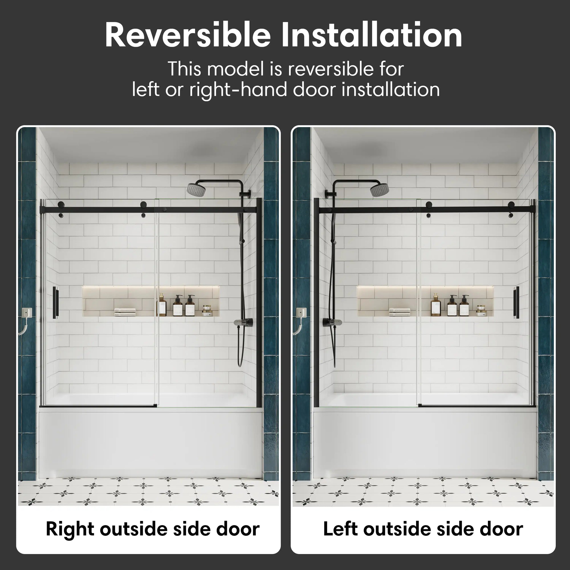 Reversible installation option for matte black sliding bathtub door, allowing left or right-hand setup | Ace Decor