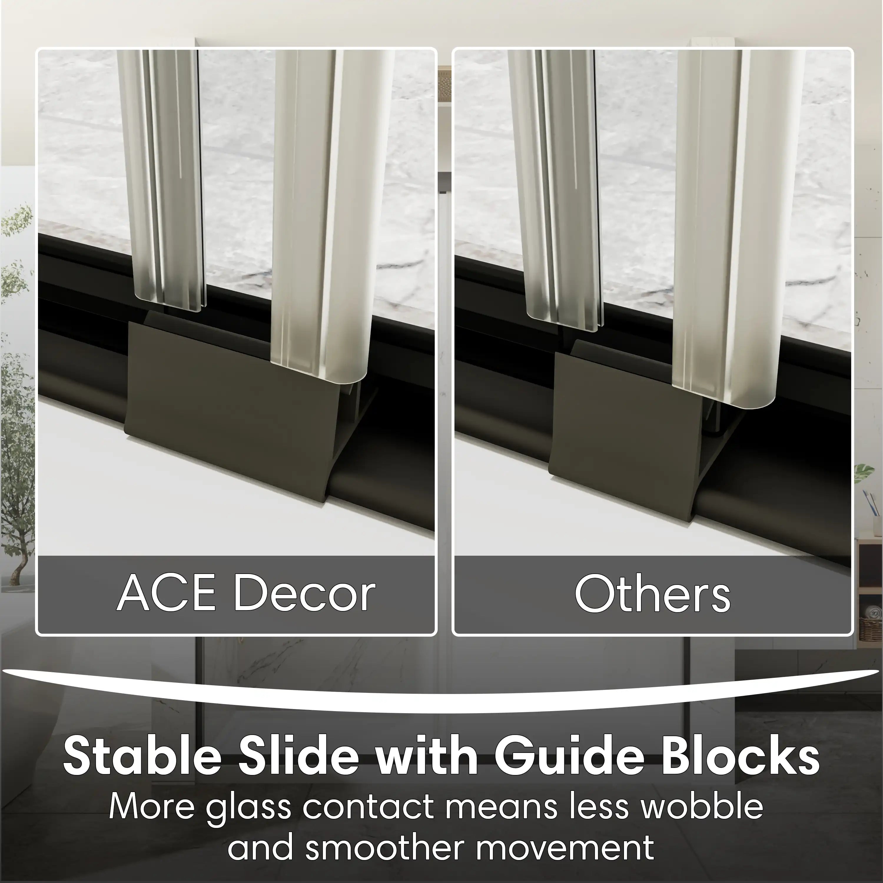 Stable slide with guide blocks on framed shower door 48 x 70, providing smoother movement and less wobble. | Ace Decor