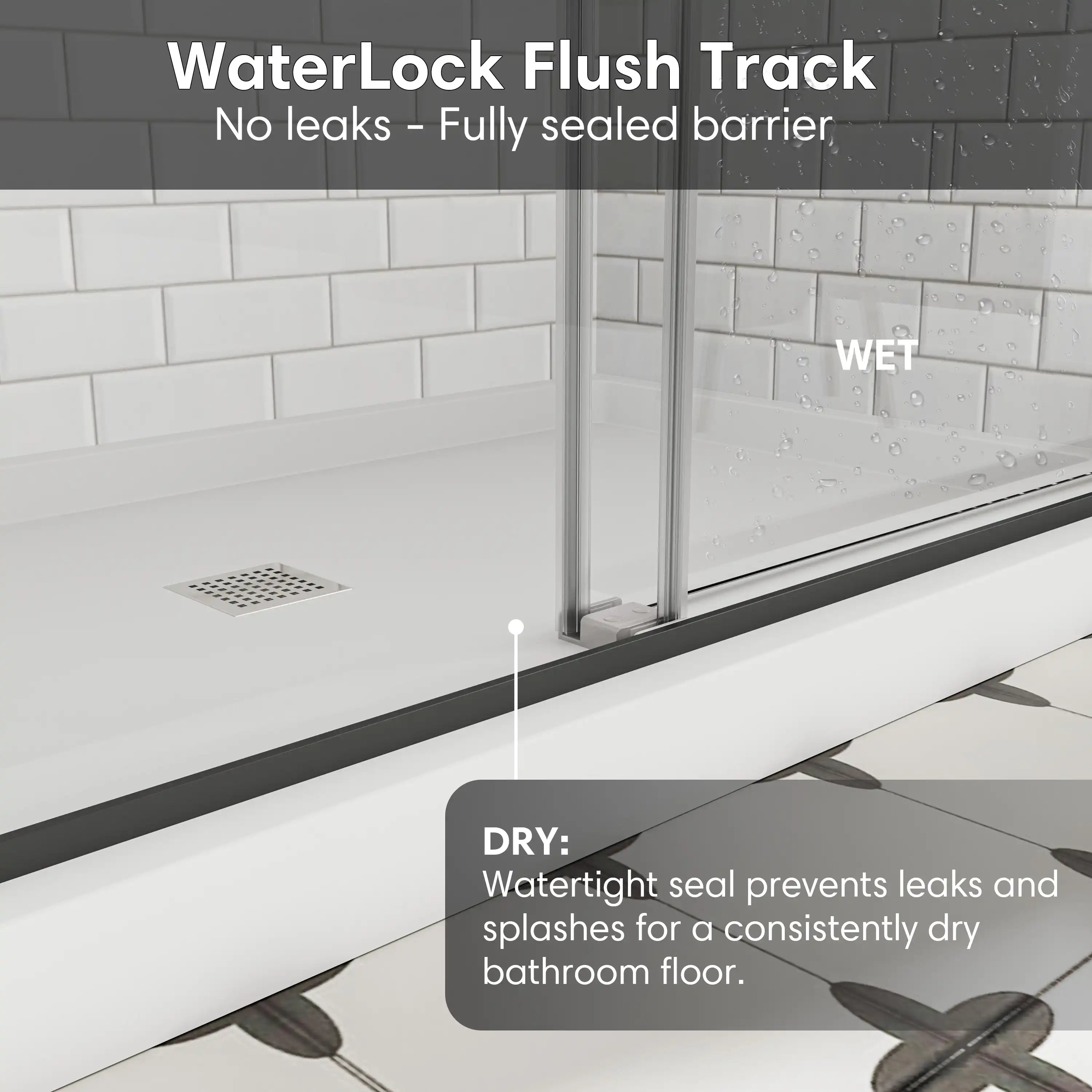 WaterLock flush track with watertight seal for matte black sliding shower door, frameless 48 x 74 | Ace Decor