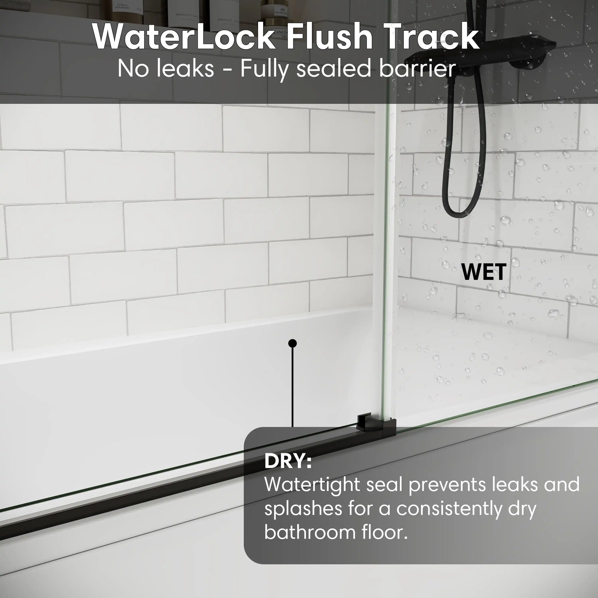 WaterLock flush track with watertight seal preventing leaks for matte black sliding bathtub door | Ace Decor