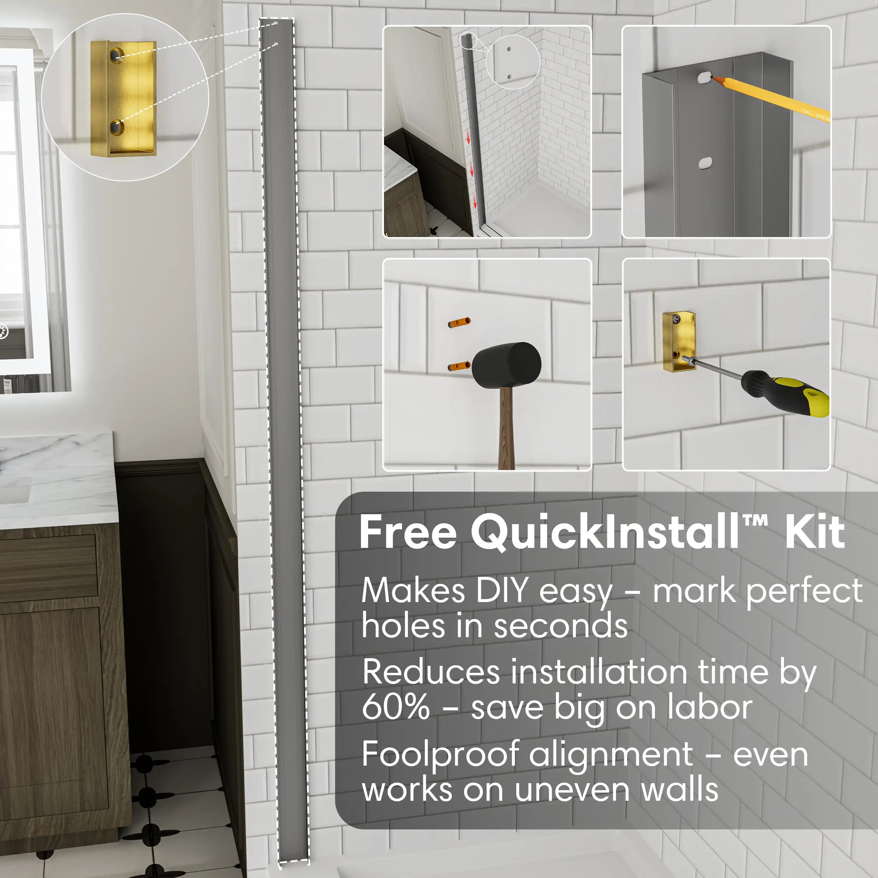 Brushed gold shower door frameless 48 x 74 with QuickInstall kit for easy DIY alignment and reduced labor | Ace Decor