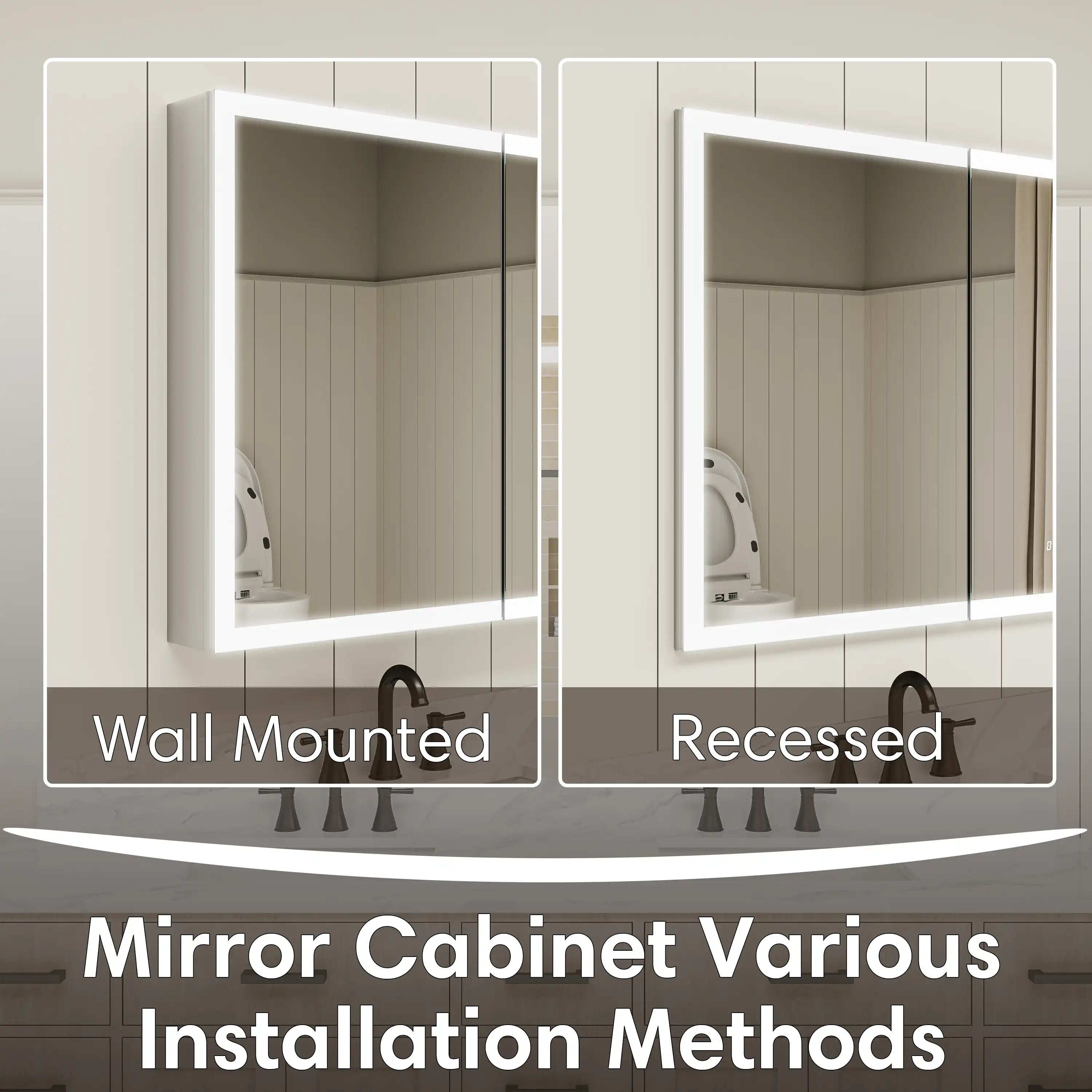 Triple-door medicine cabinet installation options, wall mounted and recessed