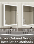 Triple-door medicine cabinet installation options, wall mounted and recessed