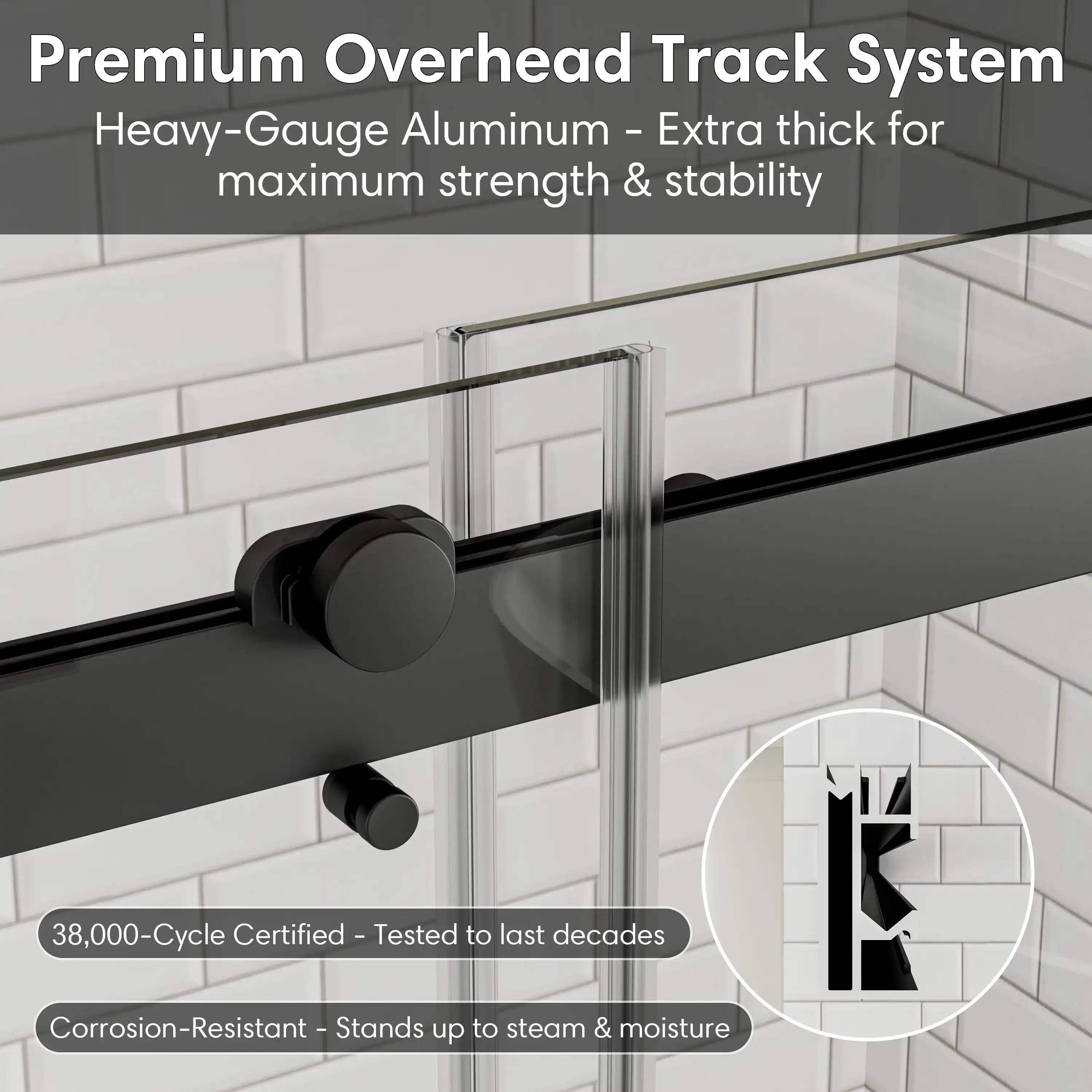 Premium overhead track system for matte black sliding shower door, frameless 48 x 74 | Ace Decor