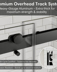 Premium overhead track system for matte black sliding shower door, frameless 48 x 74 | Ace Decor