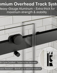 Premium overhead track system for matte black sliding shower door, frameless 48 x 74 | Ace Decor