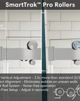 Chrome frameless shower door with SmartTrak Pro Rollers showing smooth, noise-free sliding and 3/8-inch vertical adjustment for perfect alignment | Ace Decor