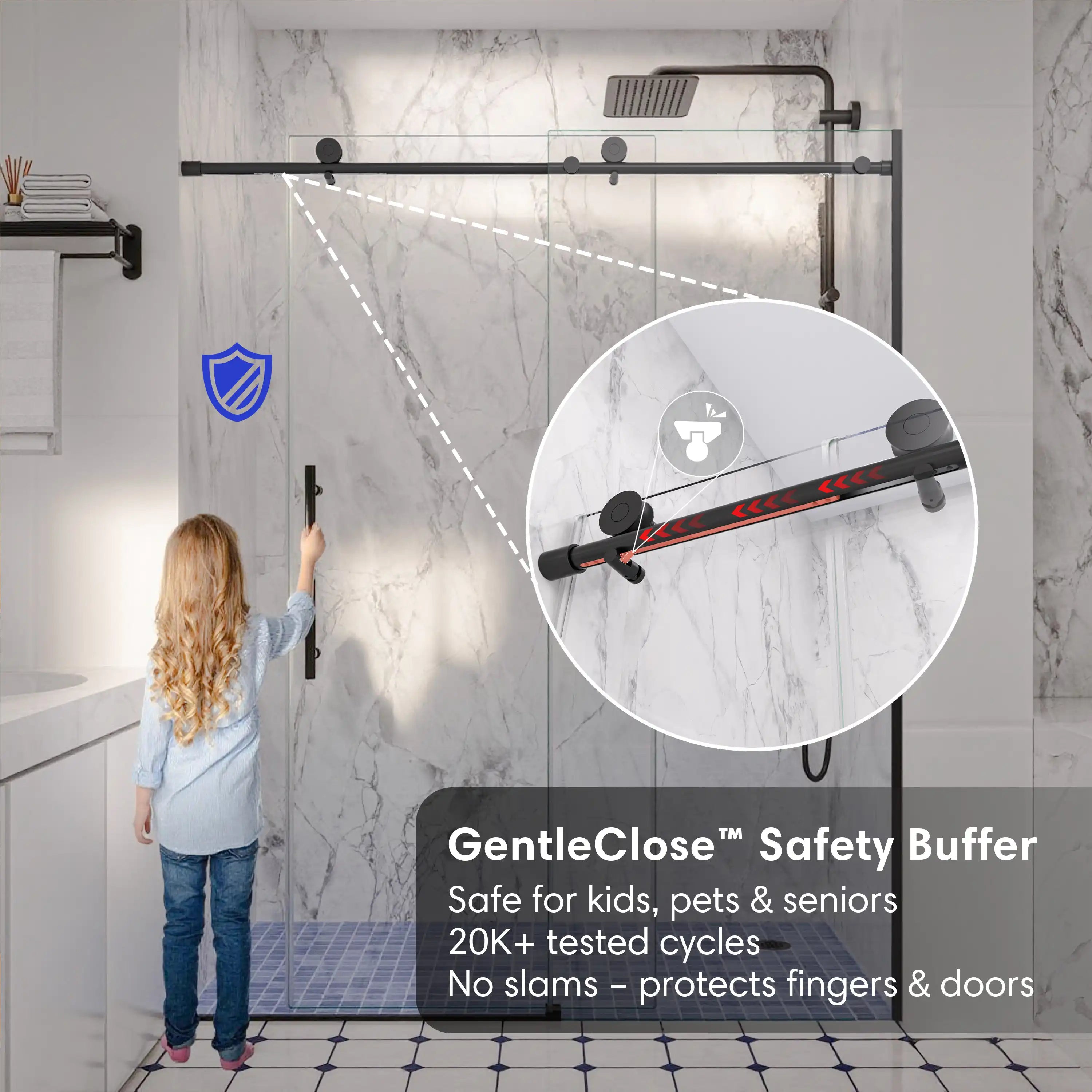 GentleClose safety buffer system on black frameless sliding shower door, size 60 x 74, ensuring safe and soft close | Ace Decor