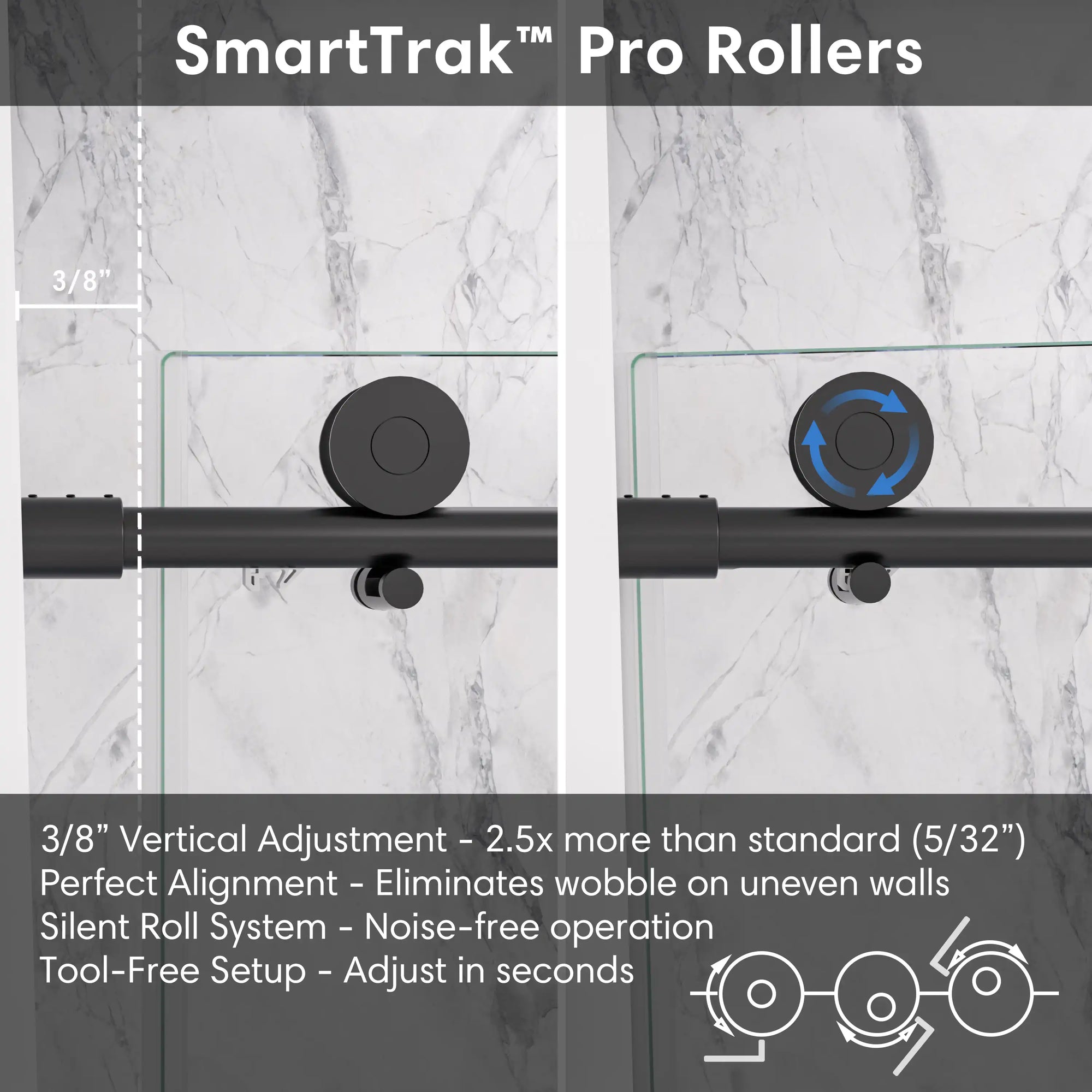 SmartTrak pro rollers with vertical adjustment for black frameless sliding shower door, size 60 x 74 | Ace Decor