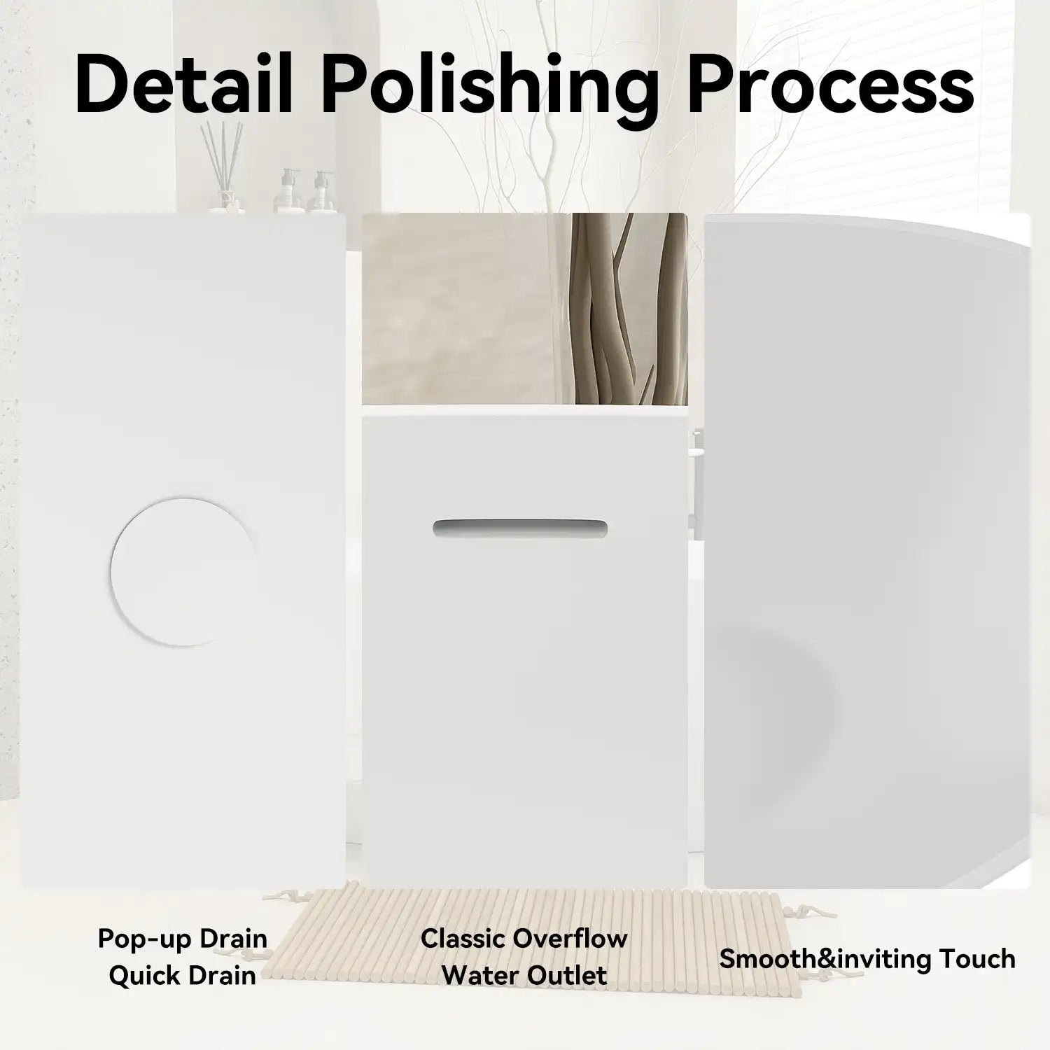 A detailed view showcasing the bathtub’s precision polishing process, featuring a pop-up drain, classic overflow, and smooth surface finish. |ACE DECOR