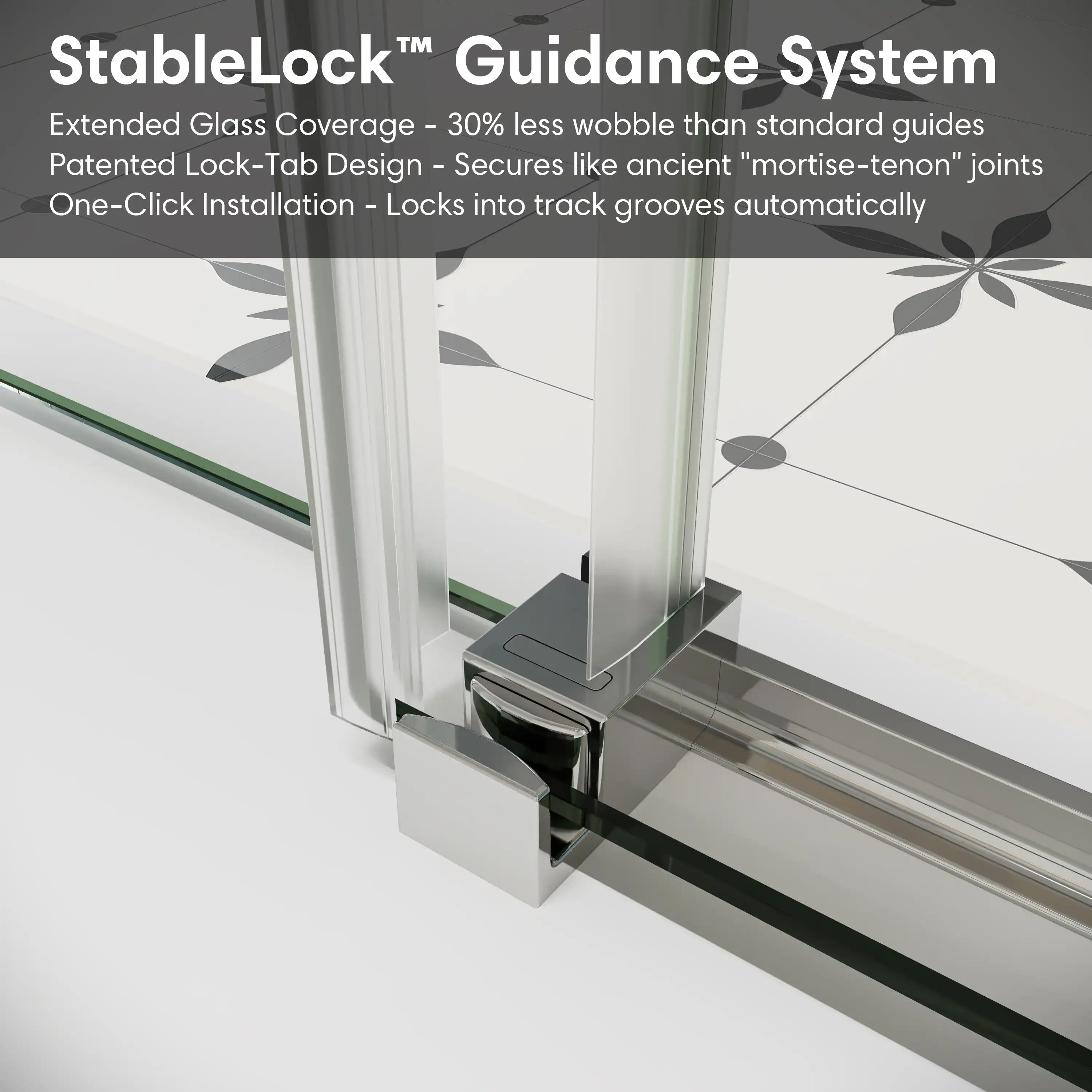 Shower door sliding frameless, size 60 x 74 inches, with StableLock guidance system ensuring stability and secure bottom track installation | Ace Decor