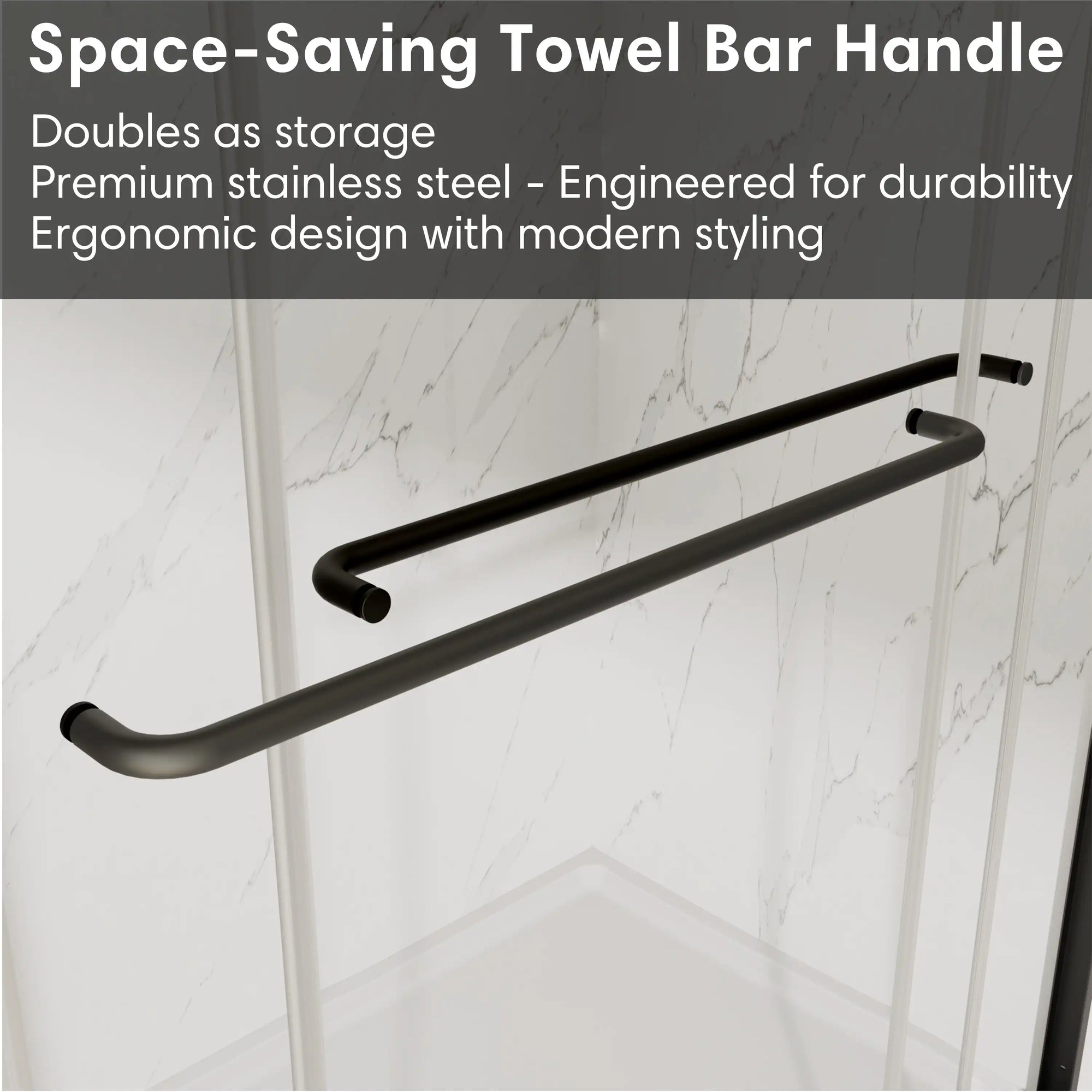 Space-saving towel bar handle on 60 x 70 ace decor shower door, combining storage function with durable modern design. | Ace Decor