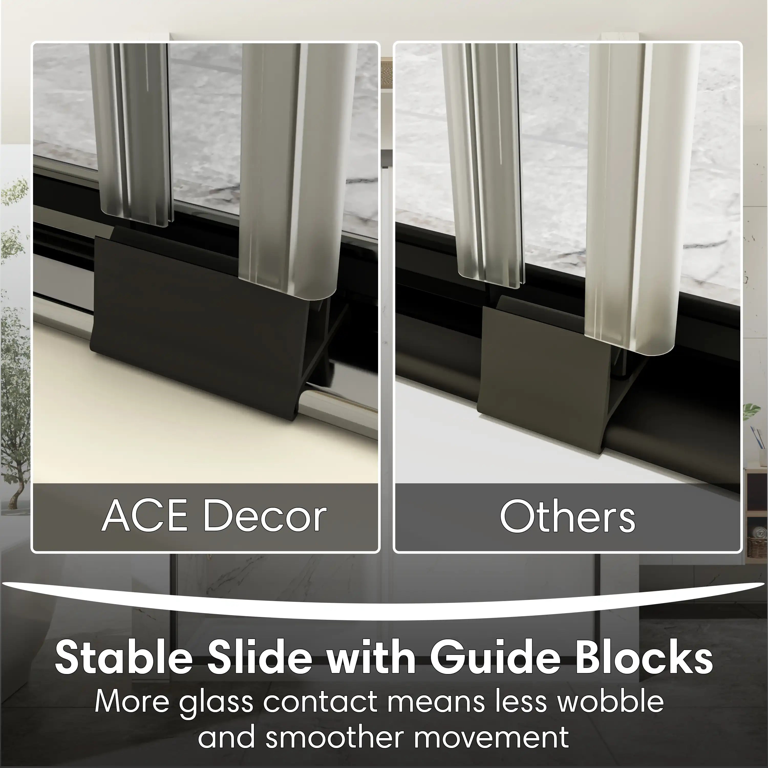Bottom guide block of 60 x 70 ace bypass framed shower door, designed for stable sliding and smoother movement. | Ace Decor