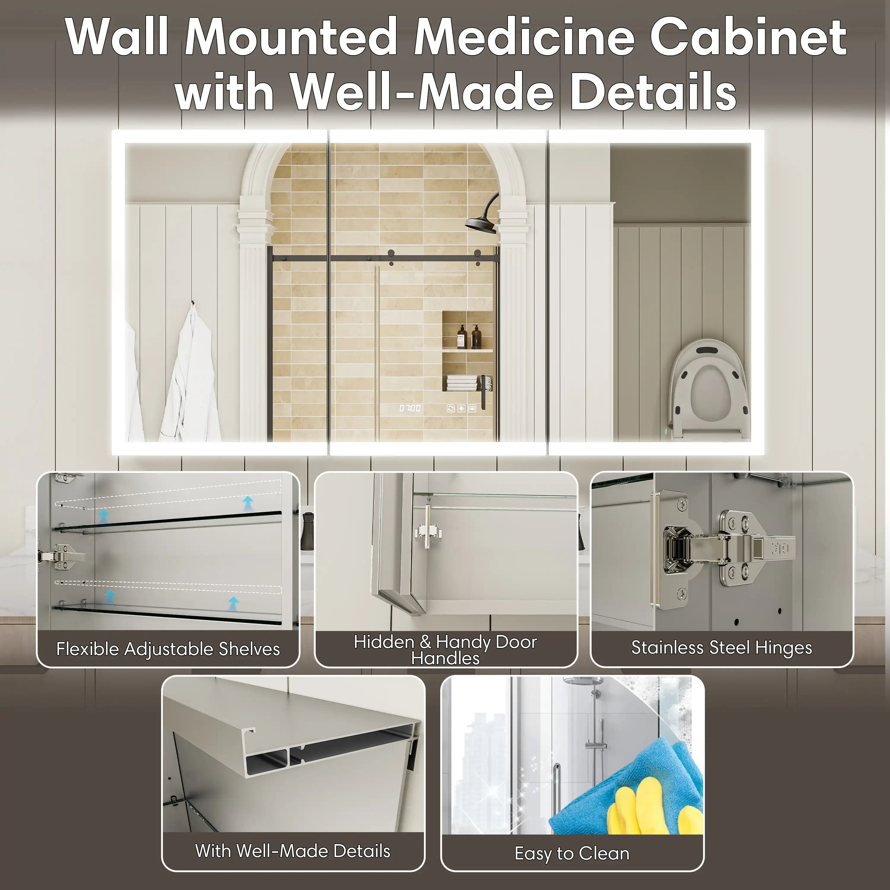 Wall mounted LED lighted medicine cabinet with detail features.