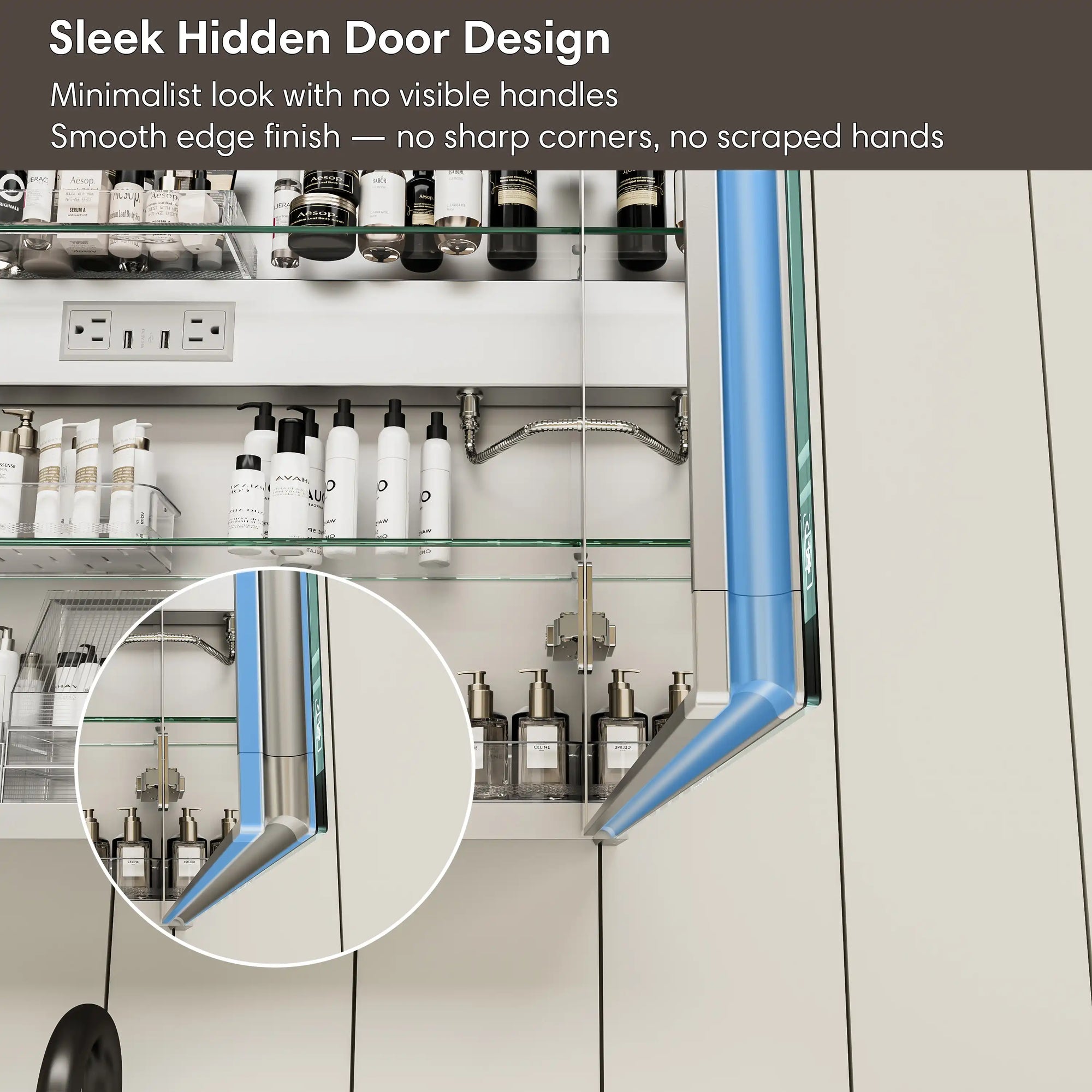 Hidden door handle design on Pro Shower LED Medicine Cabinet for sleek modern bathroom style.