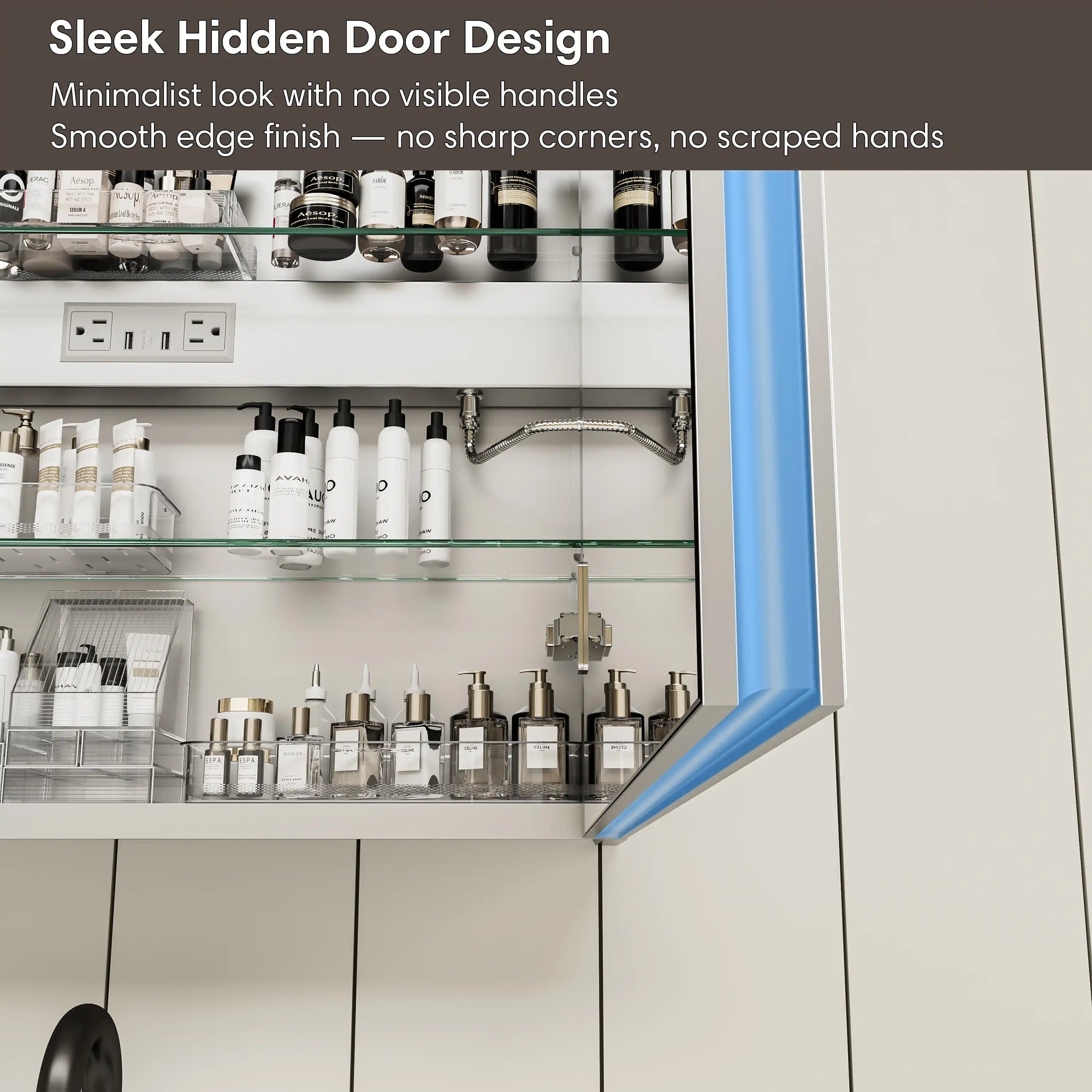 Single-door medicine cabinet hidden handle design with smooth rounded edge for safe use.