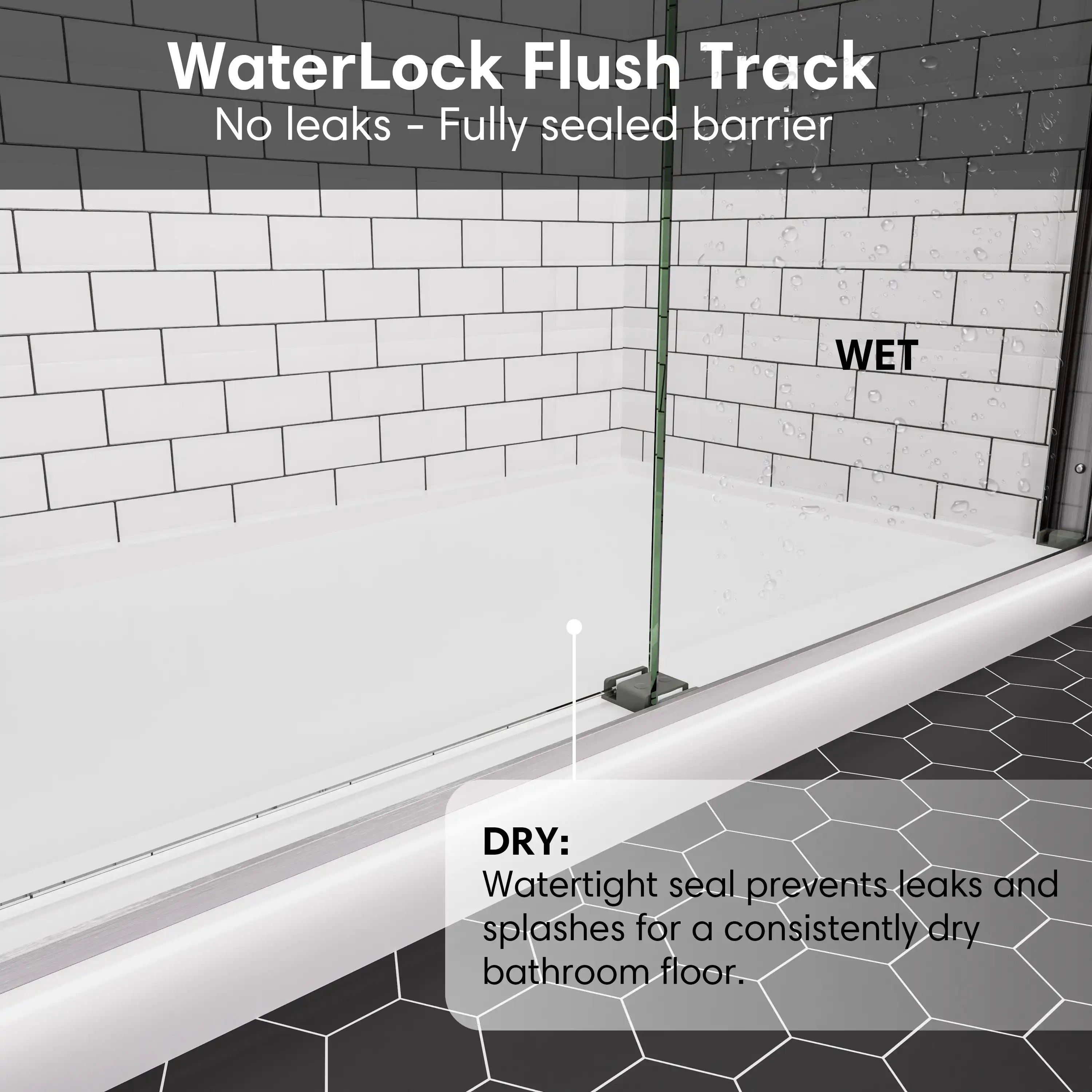 WaterLock flush track system for sliding shower doors brushed nickel, frameless design, size 60 x 74, preventing leaks at the bottom | Ace Decor